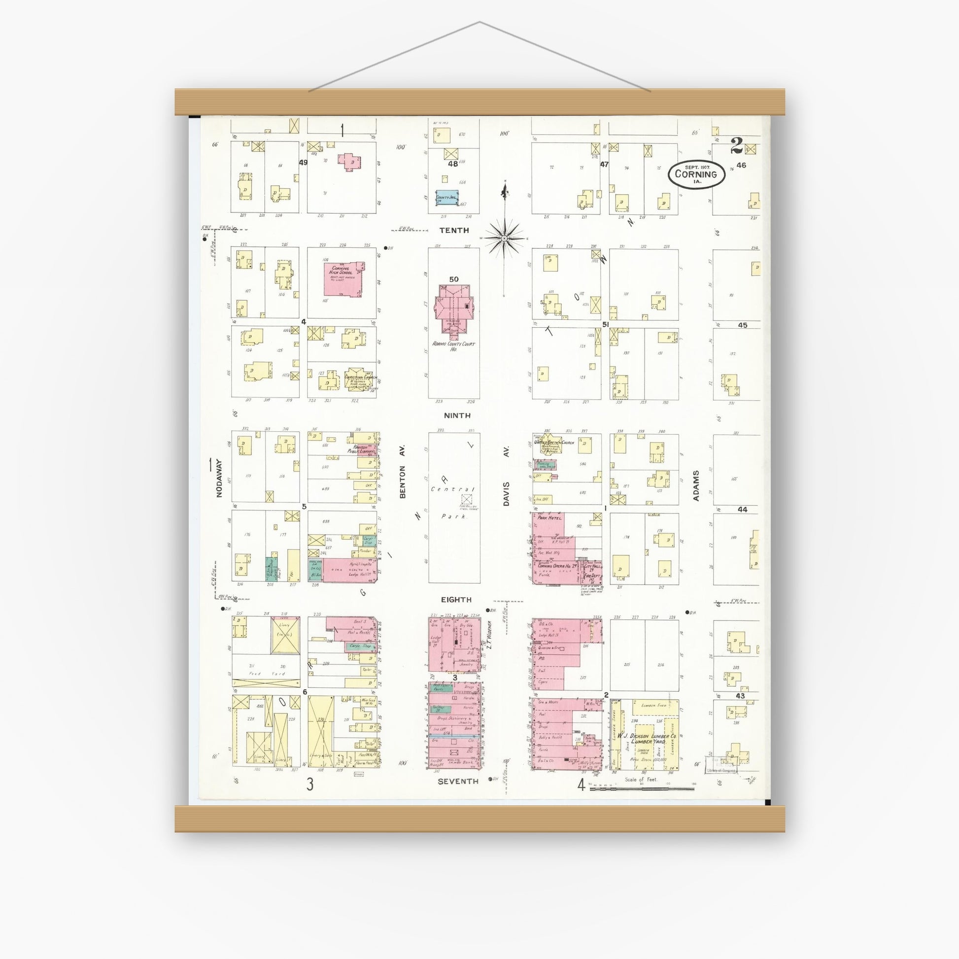 Old map wall art mockup — magnetic wood frame on white wall — Sanborn Fire Insurance Map from Corning, Adams County, Iowa (1907), Sheet #0002