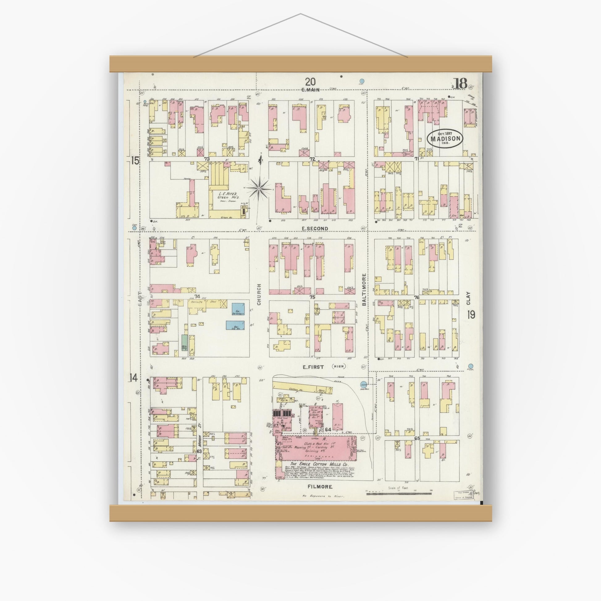 Old map wall art mockup — magnetic wood frame on white wall — Sanborn Fire Insurance Map from Madison, Jefferson County, Indiana (1897), Sheet #0018
