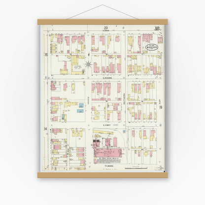 Old map wall art mockup — magnetic wood frame on white wall — Sanborn Fire Insurance Map from Madison, Jefferson County, Indiana (1897), Sheet #0018