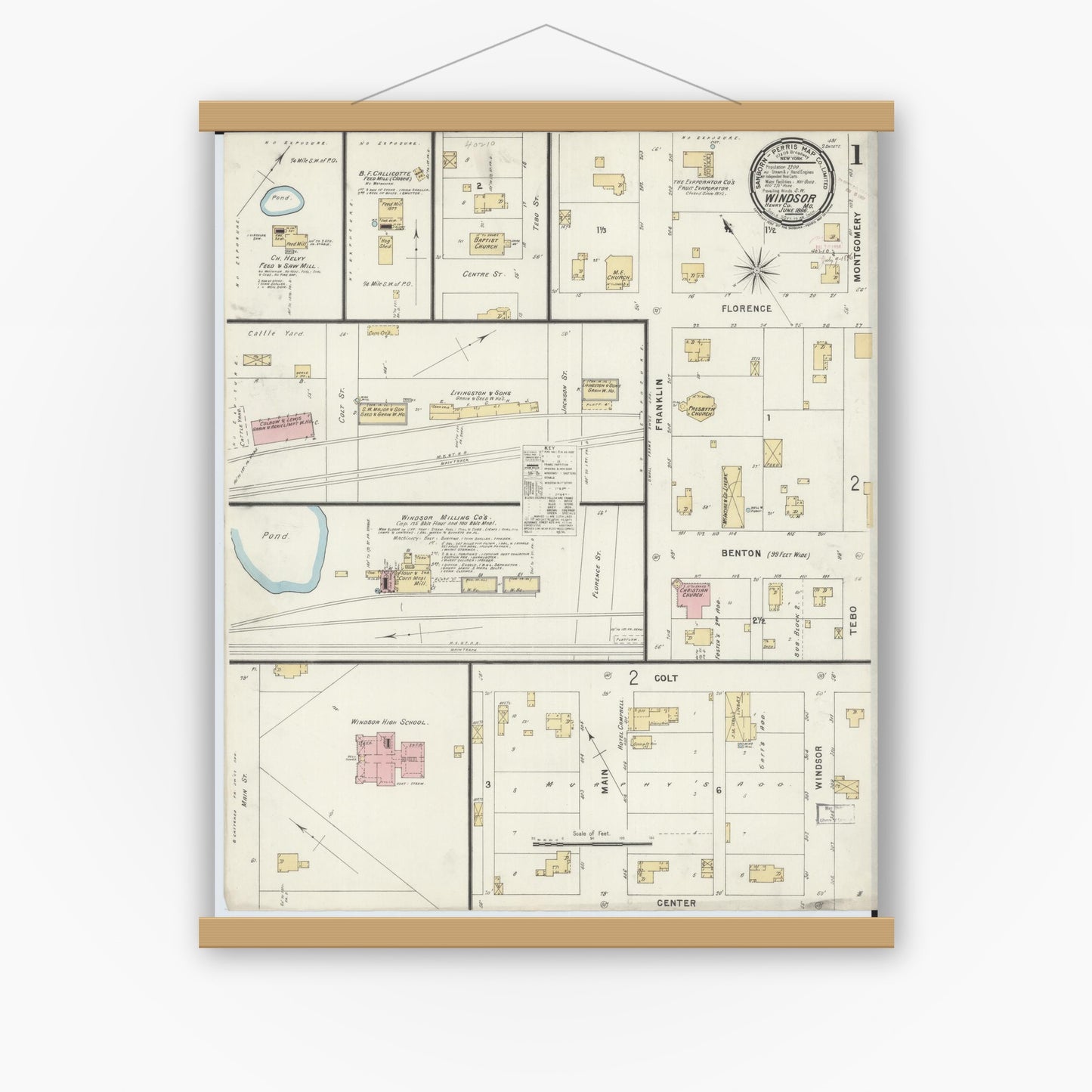 Old map wall art mockup — magnetic wood frame on white wall — Sanborn Fire Insurance Map from Windsor, Henry County, Missouri (1896) - Complete Map Set