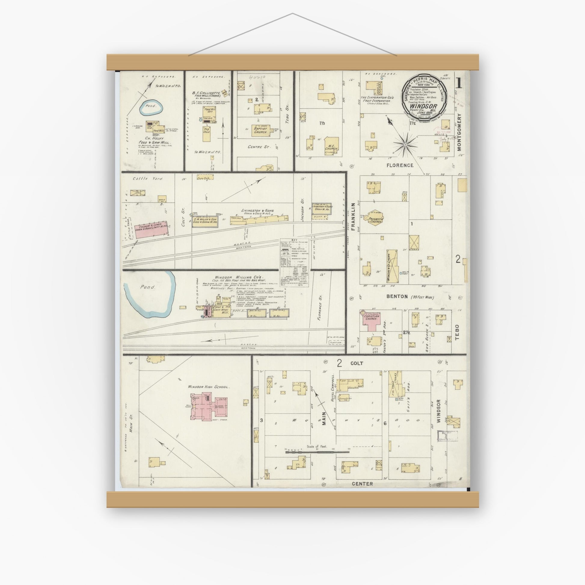 Old map wall art mockup — magnetic wood frame on white wall — Sanborn Fire Insurance Map from Windsor, Henry County, Missouri (1896) - Complete Map Set