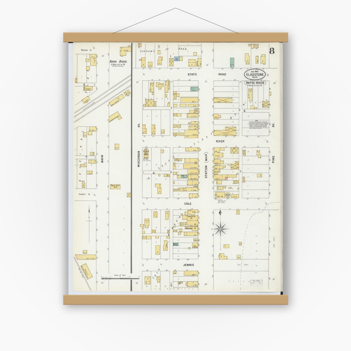 Old map wall art mockup — magnetic wood frame on white wall — Sanborn Fire Insurance Map from Gladstone, Delta County, Michigan (1900), Sheet #0008