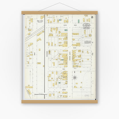 Old map wall art mockup — magnetic wood frame on white wall — Sanborn Fire Insurance Map from Gladstone, Delta County, Michigan (1900), Sheet #0008