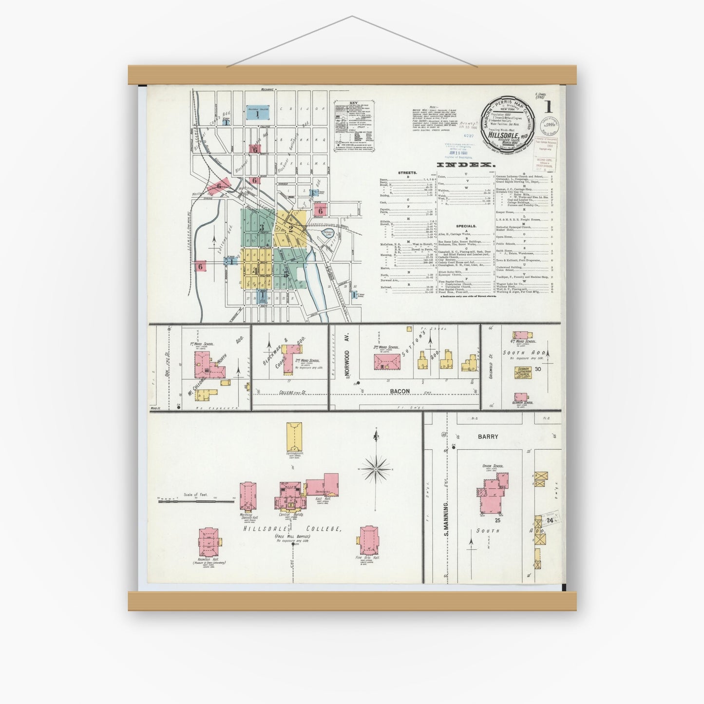 Old map wall art mockup — magnetic wood frame on white wall — Sanborn Fire Insurance Map from Hillsdale, Hillsdale County, Michigan (1900) - Complete Map Set