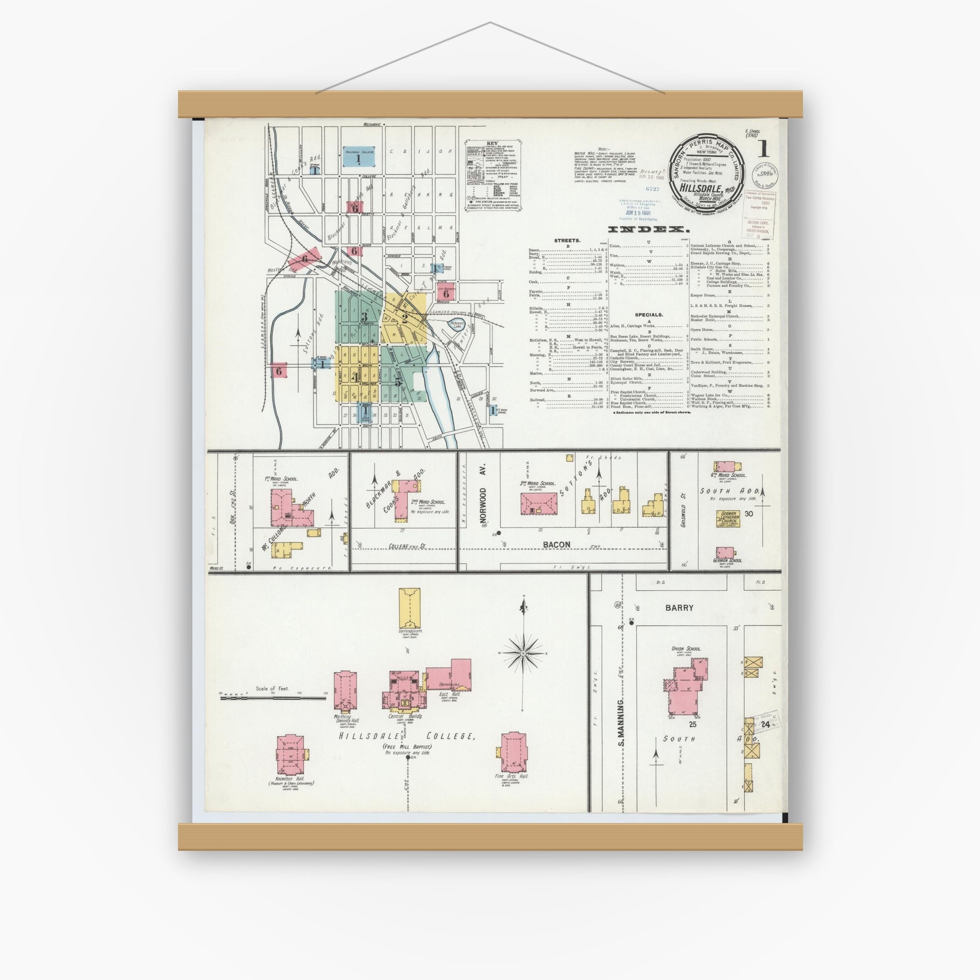 Old map wall art mockup — magnetic wood frame on white wall — Sanborn Fire Insurance Map from Hillsdale, Hillsdale County, Michigan (1900) - Complete Map Set