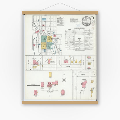 Old map wall art mockup — magnetic wood frame on white wall — Sanborn Fire Insurance Map from Hillsdale, Hillsdale County, Michigan (1900) - Complete Map Set