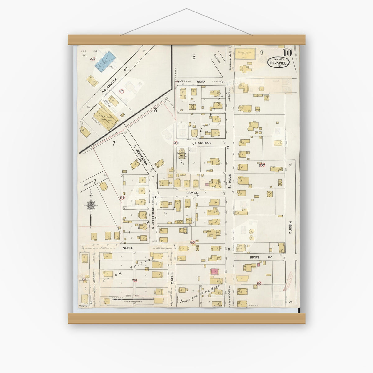 Old map wall art mockup — magnetic wood frame on white wall — Sanborn Fire Insurance Map from Bicknell, Knox County, Indiana (1946), Sheet #0010