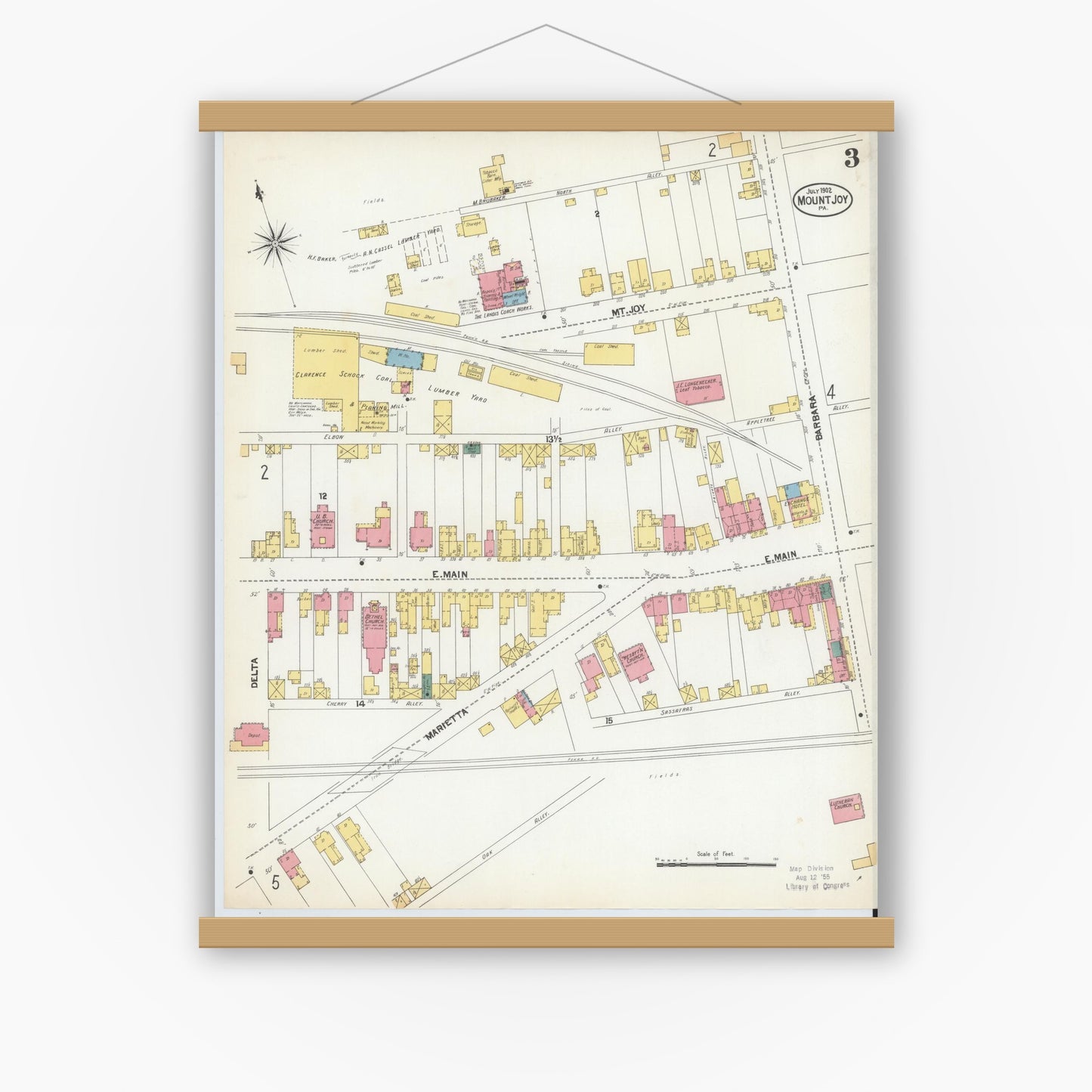 Old map wall art mockup — magnetic wood frame on white wall — Sanborn Fire Insurance Map from Mount Joy, Lancaster County, Pennsylvania (1902), Sheet #0003