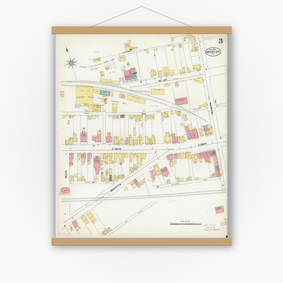 Old map wall art mockup — magnetic wood frame on white wall — Sanborn Fire Insurance Map from Mount Joy, Lancaster County, Pennsylvania (1902), Sheet #0003