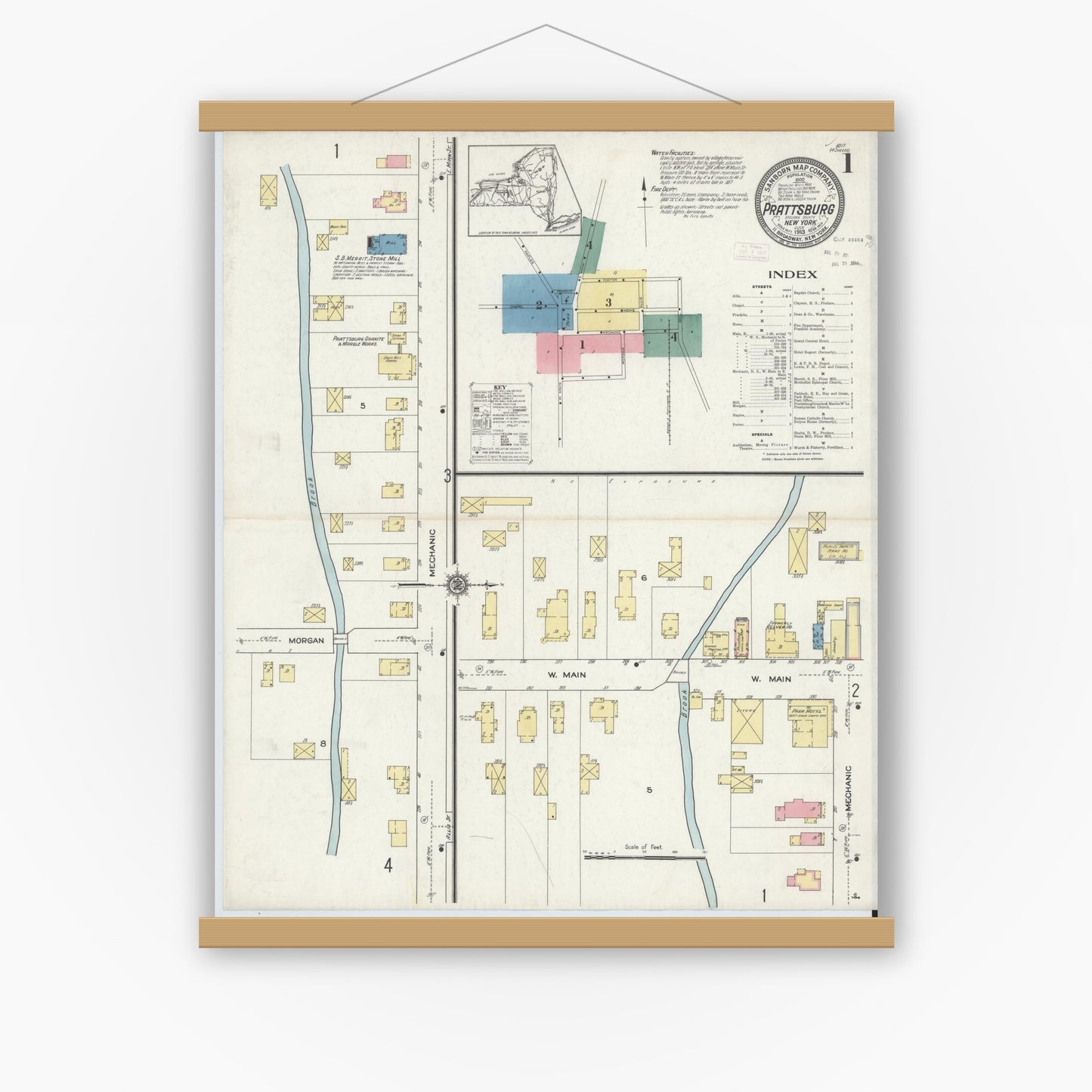 Old map wall art mockup — magnetic wood frame on white wall — Sanborn Fire Insurance Map from Prattsburgh, Steuben County, New York (1913), Sheet #0001