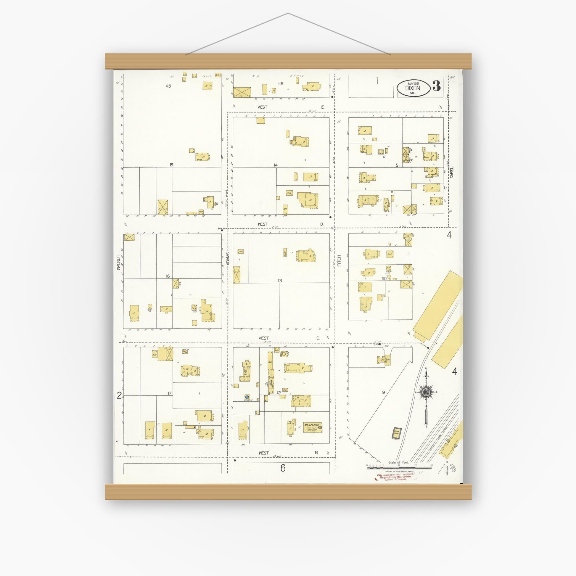 Old map wall art mockup — magnetic wood frame on white wall — Sanborn Fire Insurance Map from Dixon, Solano County, California (1921), Sheet #0003