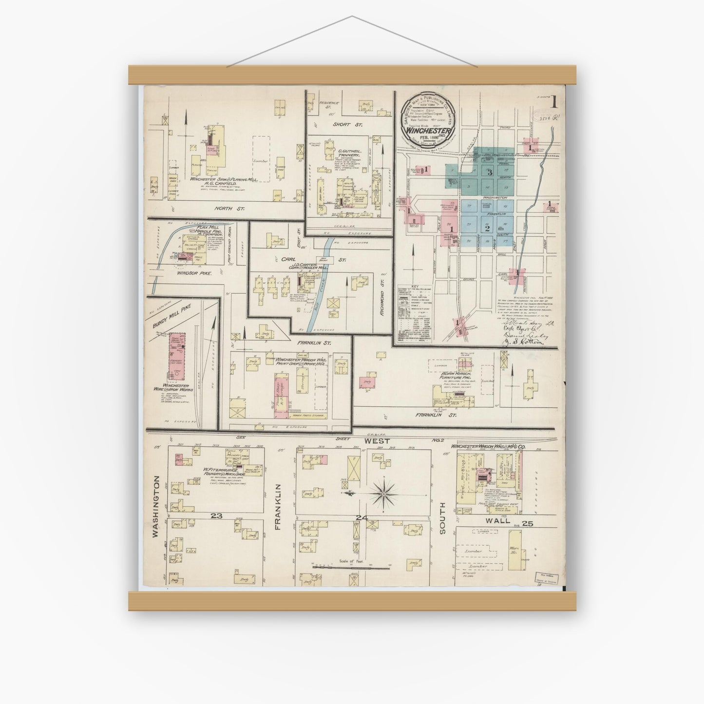 Old map wall art mockup — magnetic wood frame on white wall — Sanborn Fire Insurance Map from Winchester, Randolph County, Indiana (1886) - Complete Map Set