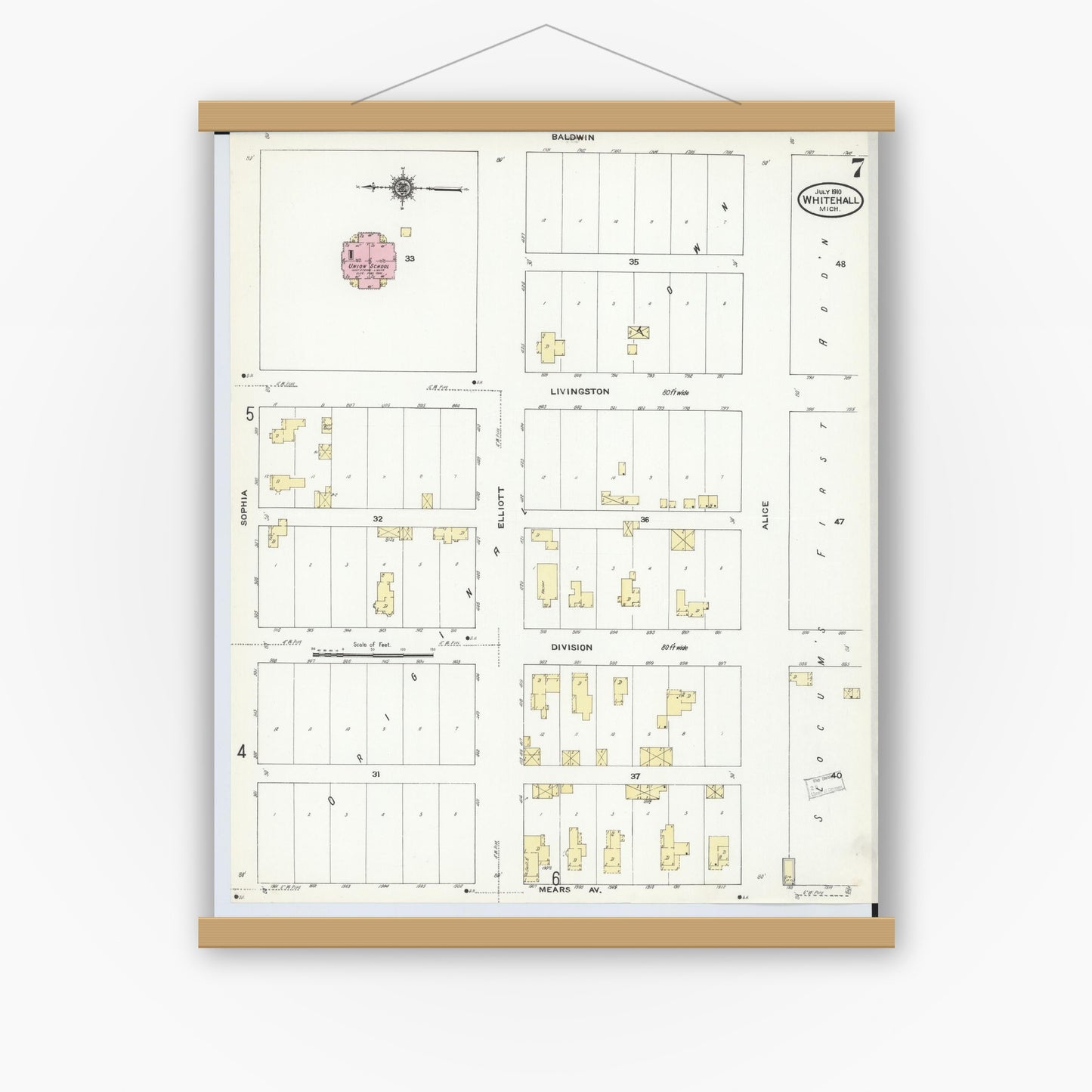 Old map wall art mockup — magnetic wood frame on white wall — Sanborn Fire Insurance Map from Whitehall, Muskegon County, Michigan (1910), Sheet #0007