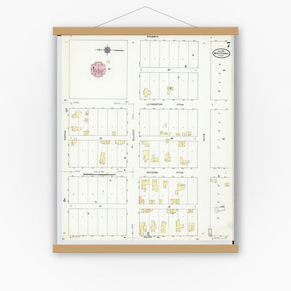 Old map wall art mockup — magnetic wood frame on white wall — Sanborn Fire Insurance Map from Whitehall, Muskegon County, Michigan (1910), Sheet #0007
