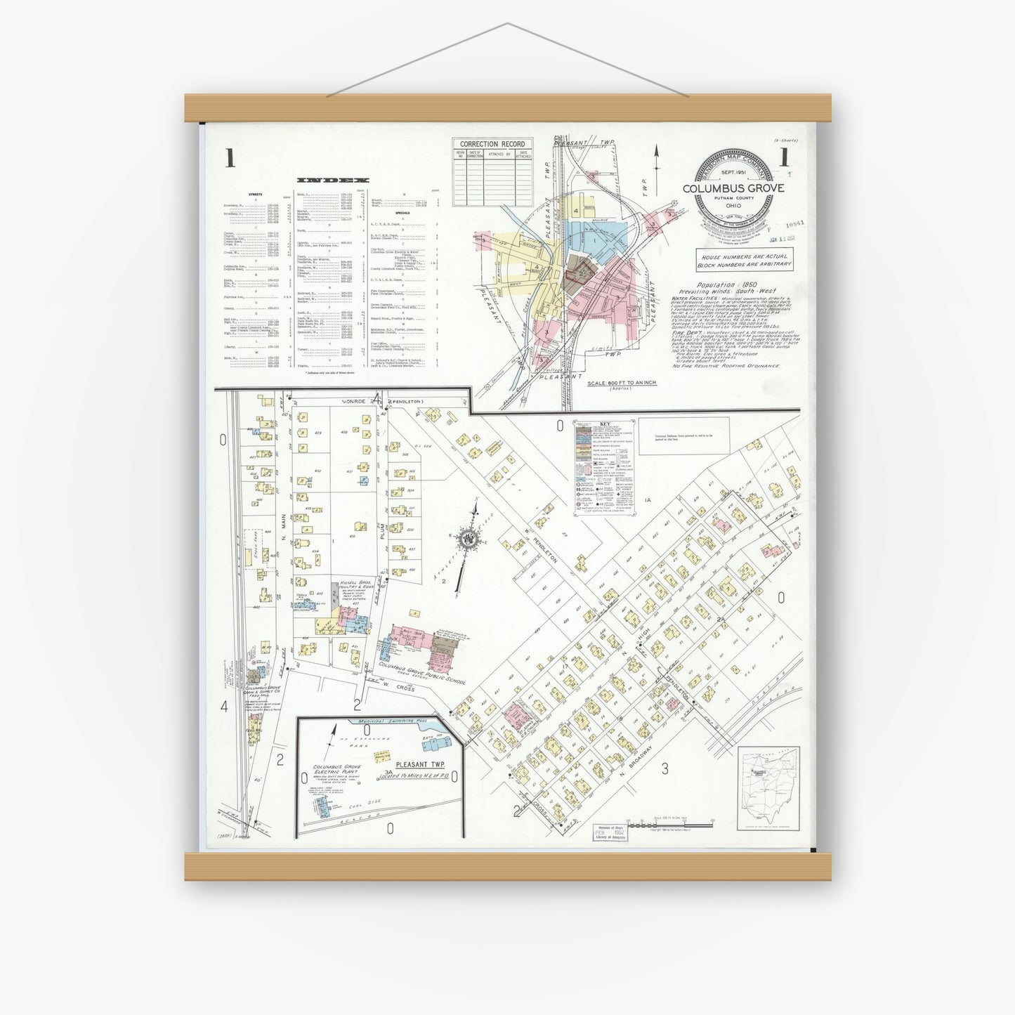 Old map wall art mockup — magnetic wood frame on white wall — Sanborn Fire Insurance Map from Columbus Grove, Putnam County, Ohio (1951), Sheet #0001
