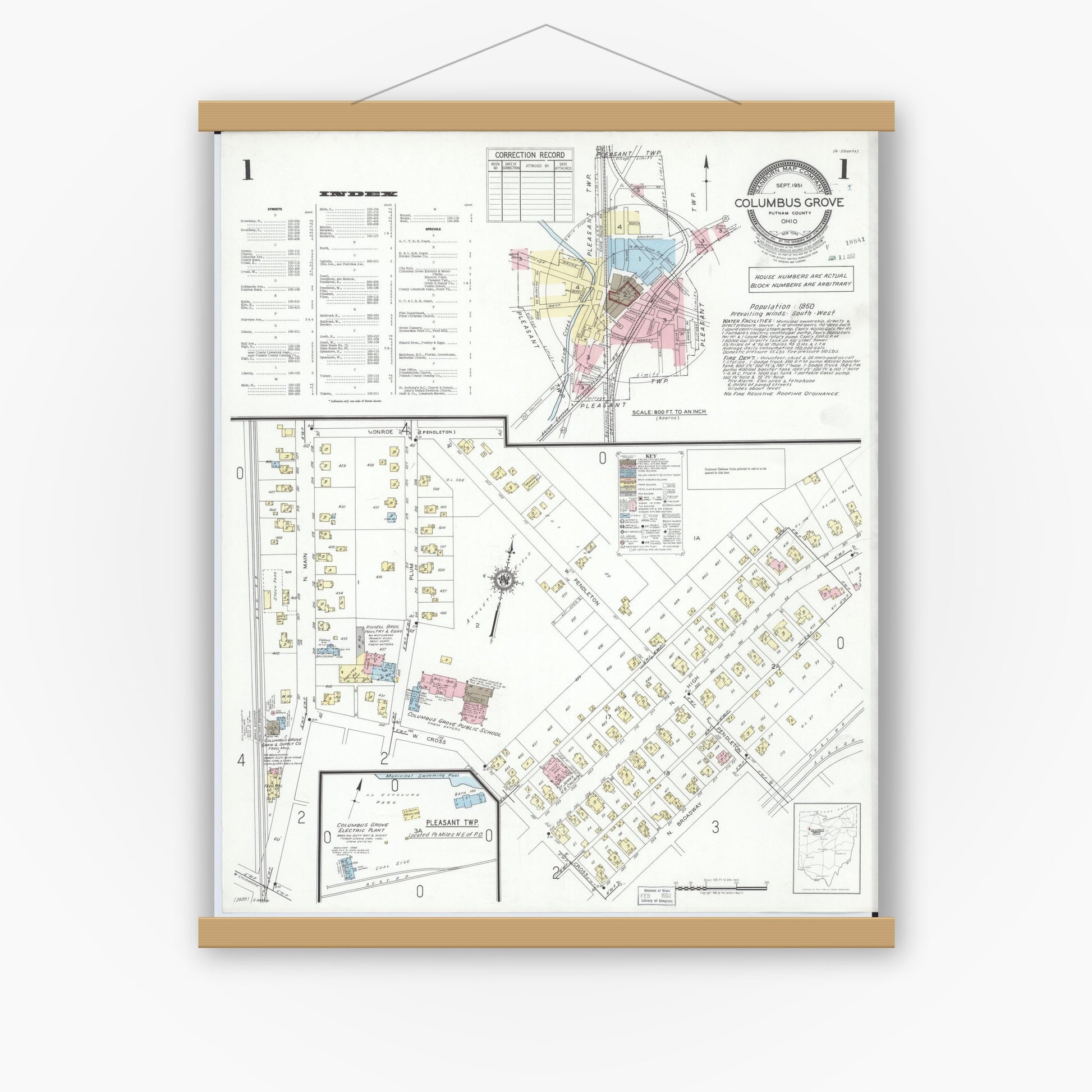 Old map wall art mockup — magnetic wood frame on white wall — Sanborn Fire Insurance Map from Columbus Grove, Putnam County, Ohio (1951), Sheet #0001