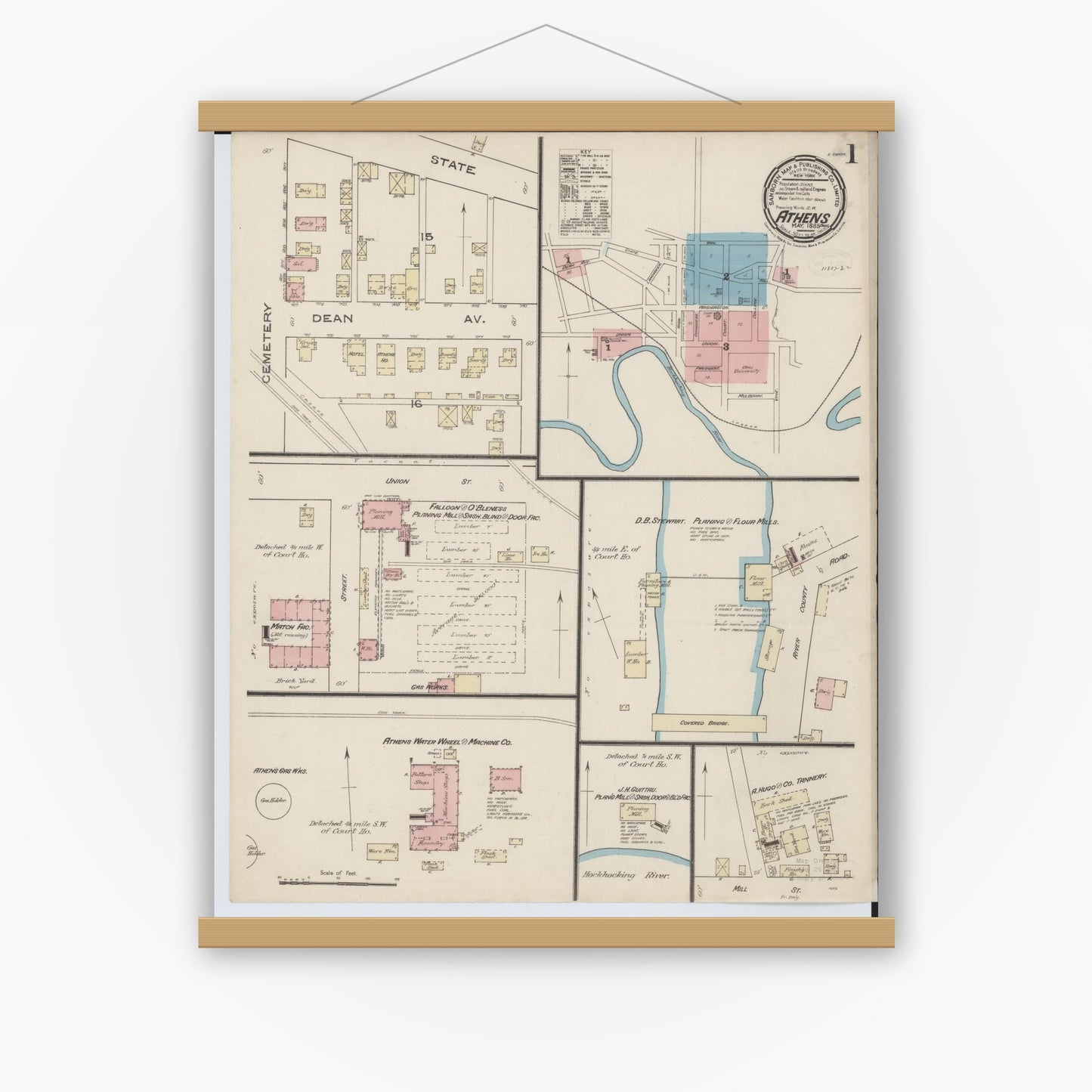 Old map wall art mockup — magnetic wood frame on white wall — Sanborn Fire Insurance Map from Athens, Athens County, Ohio (1885) - Complete Map Set