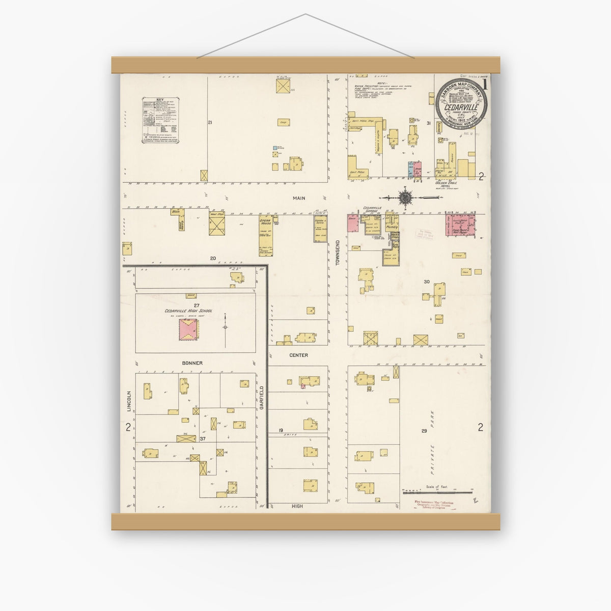 Old map wall art mockup — magnetic wood frame on white wall — Sanborn Fire Insurance Map from Cedarville, Modoc County, California (1912) - Complete Map Set