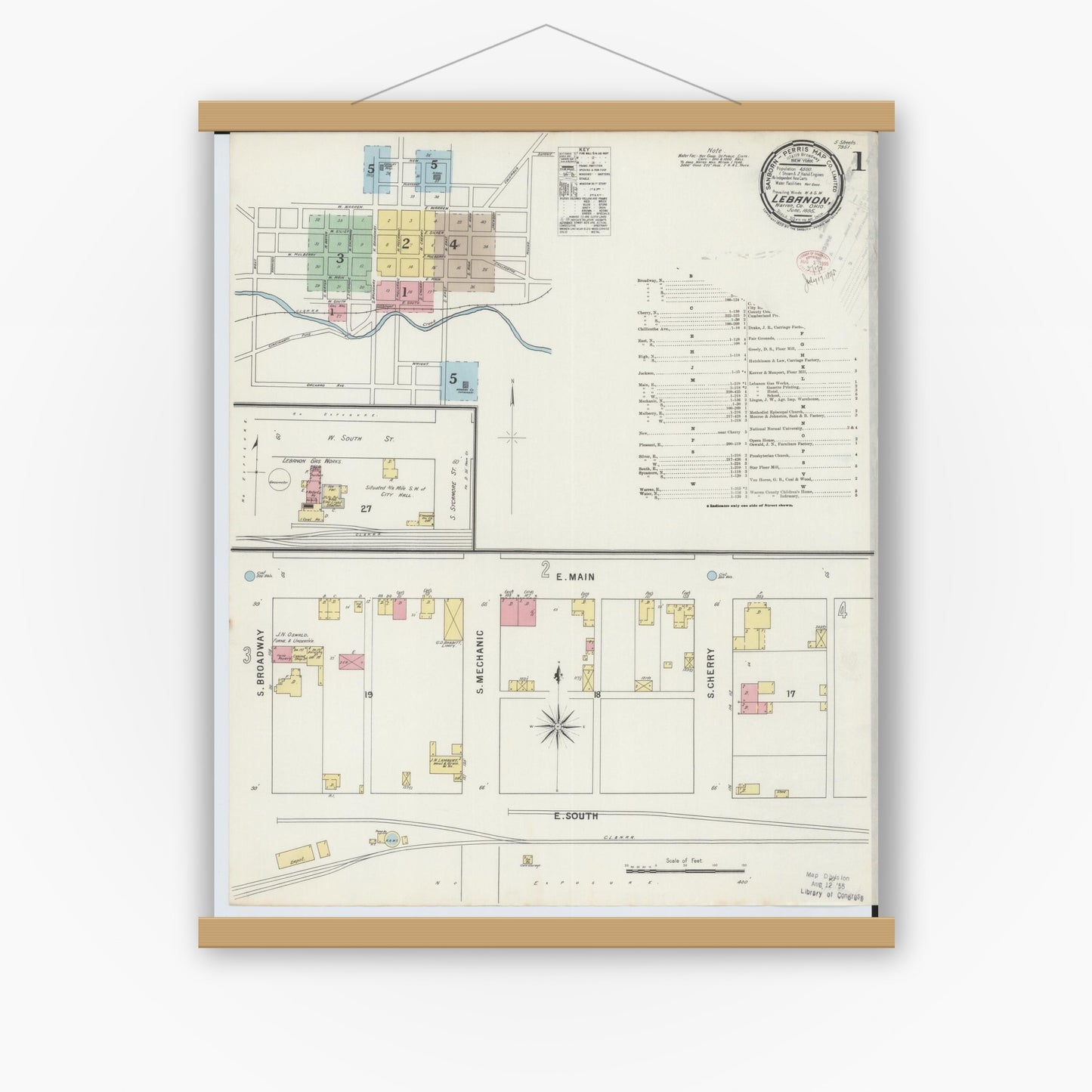 Old map wall art mockup — magnetic wood frame on white wall — Sanborn Fire Insurance Map from Lebanon, Warren County, Ohio (1895) - Complete Map Set