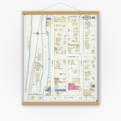 Old map wall art mockup — magnetic wood frame on white wall — Sanborn Fire Insurance Map from Traverse City, Grand Traverse County, Michigan (1920), Sheet #0028