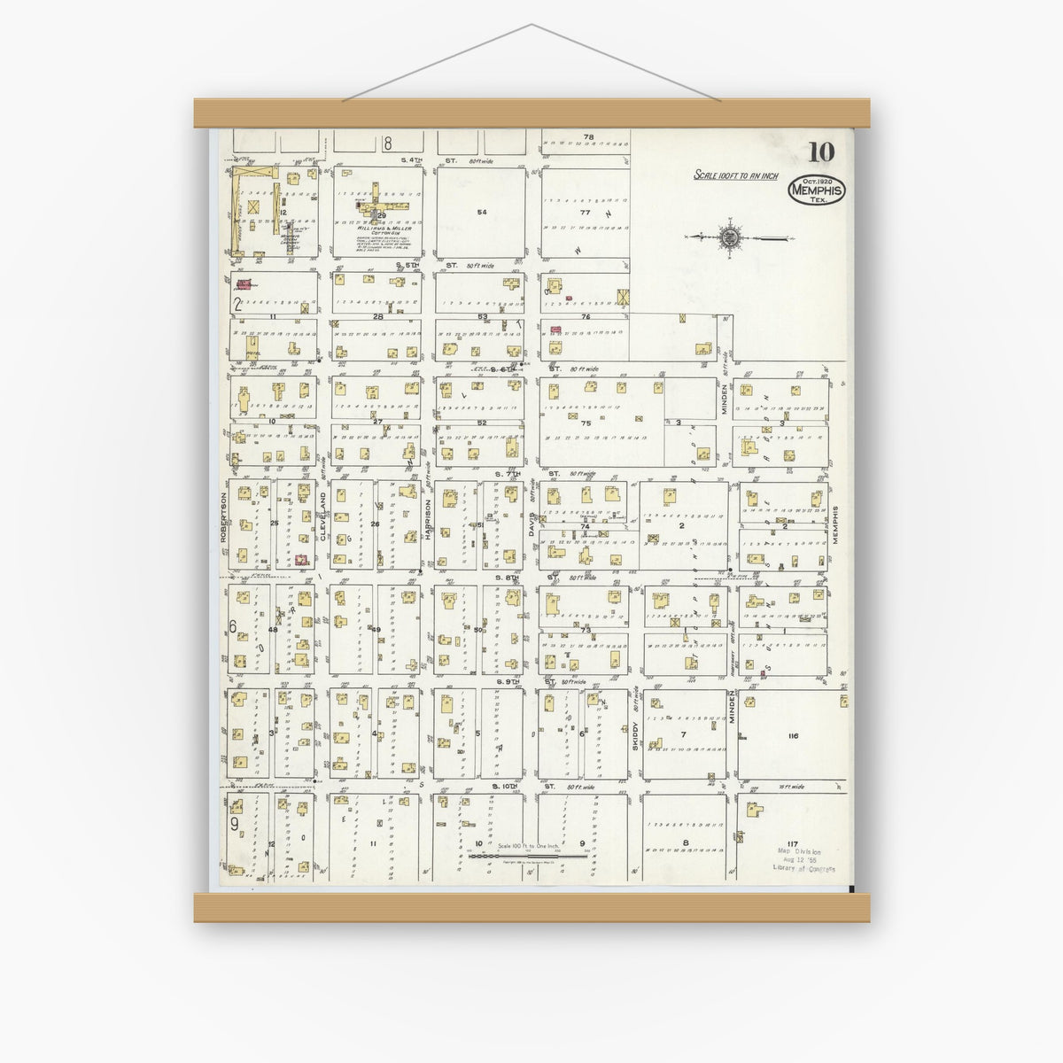 Old map wall art mockup — magnetic wood frame on white wall — Sanborn Fire Insurance Map from Memphis, Hall County, Texas (1920), Sheet #0010