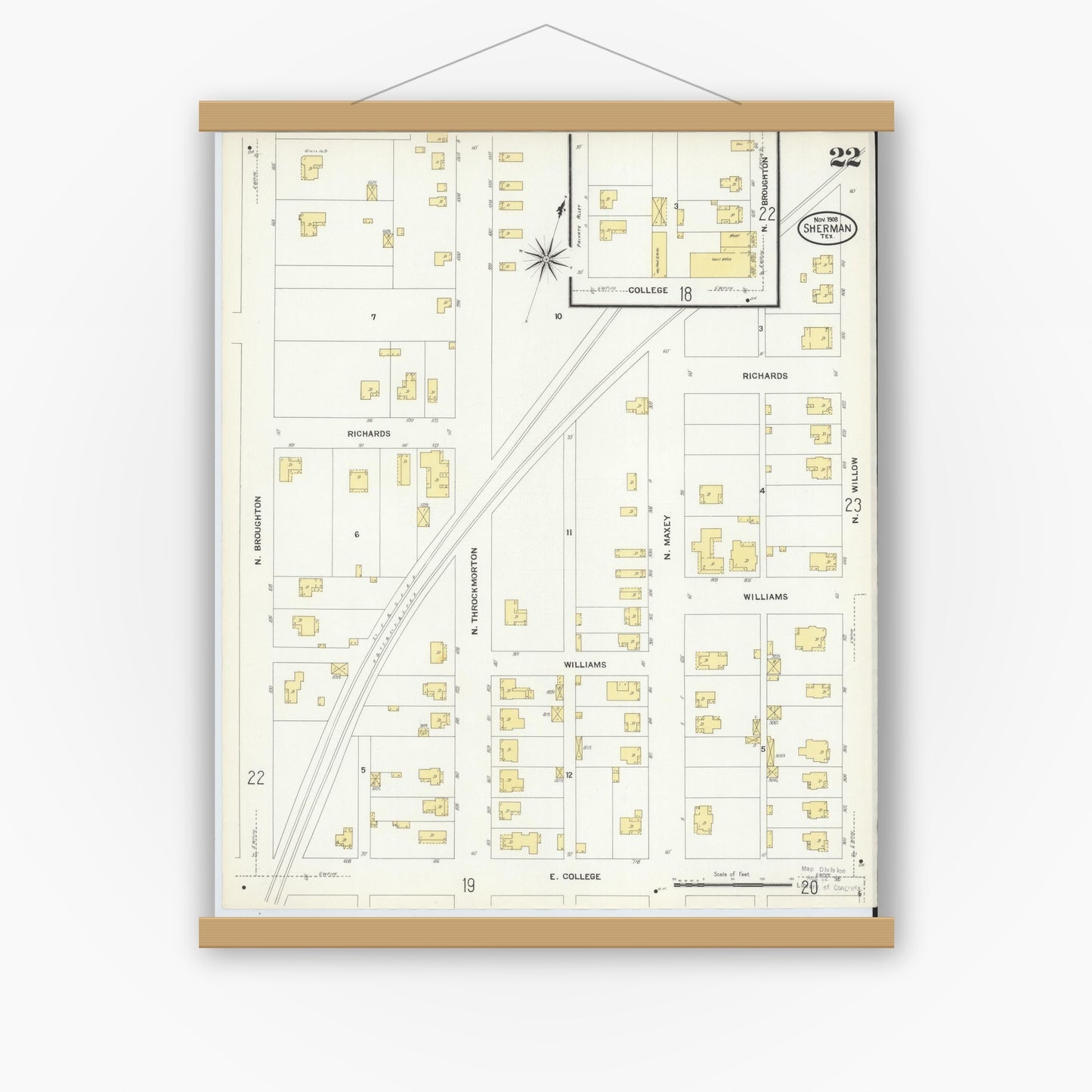 Old map wall art mockup — magnetic wood frame on white wall — Sanborn Fire Insurance Map from Sherman, Grayson County, Texas (1908), Sheet #0022
