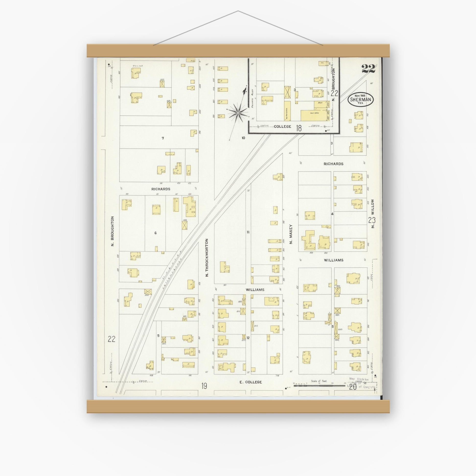 Old map wall art mockup — magnetic wood frame on white wall — Sanborn Fire Insurance Map from Sherman, Grayson County, Texas (1908), Sheet #0022