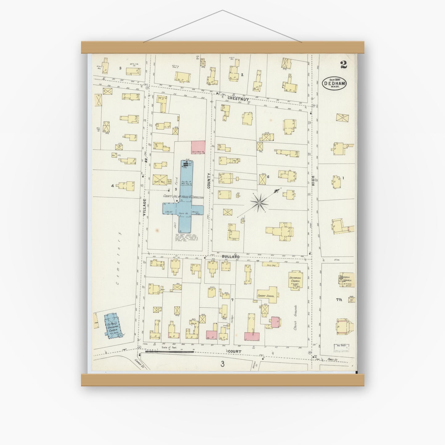 Old map wall art mockup — magnetic wood frame on white wall — Sanborn Fire Insurance Map from Dedham, Norfolk County, Massachusetts (1897), Sheet #0002