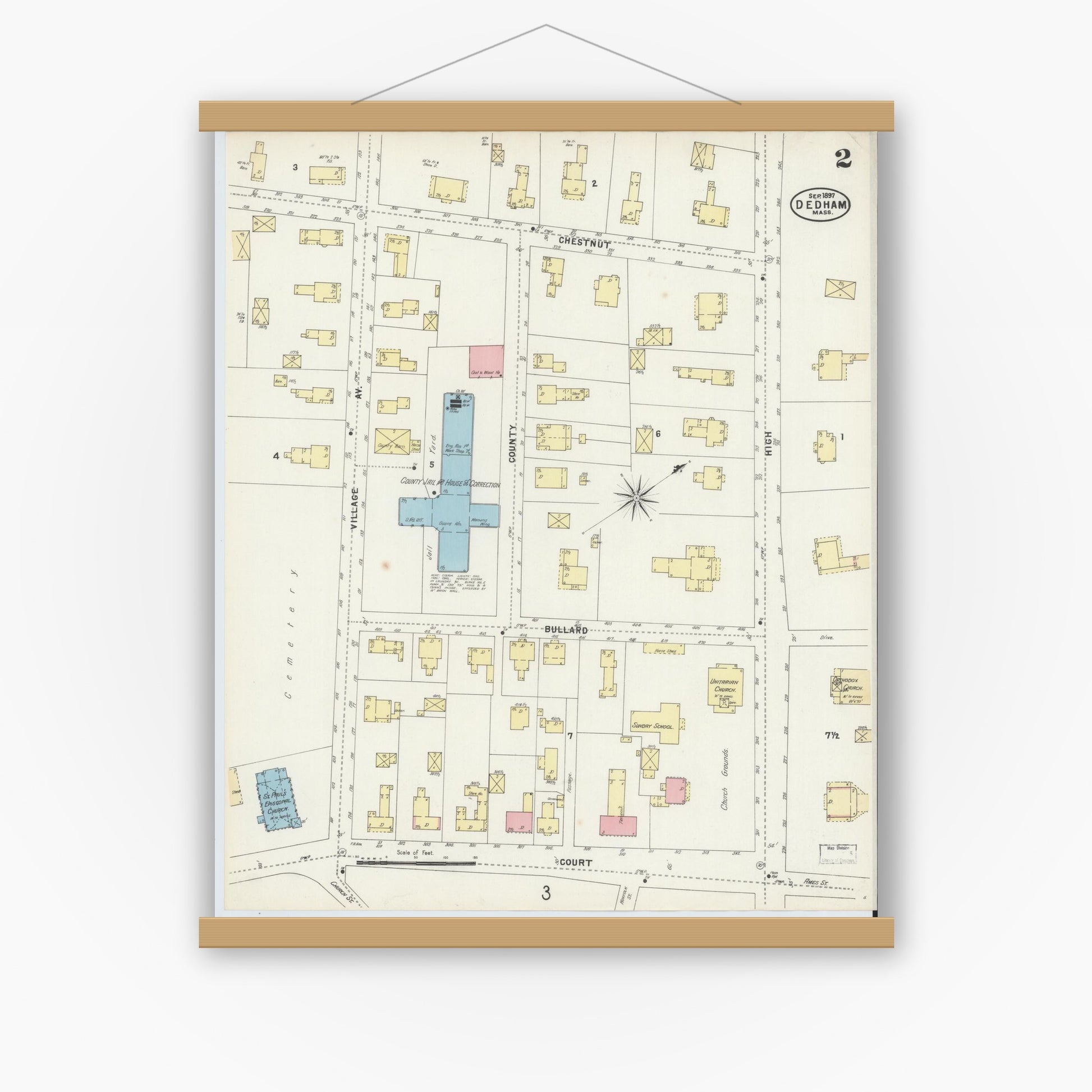 Old map wall art mockup — magnetic wood frame on white wall — Sanborn Fire Insurance Map from Dedham, Norfolk County, Massachusetts (1897), Sheet #0002