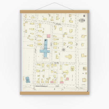 Old map wall art mockup — magnetic wood frame on white wall — Sanborn Fire Insurance Map from Dedham, Norfolk County, Massachusetts (1897), Sheet #0002