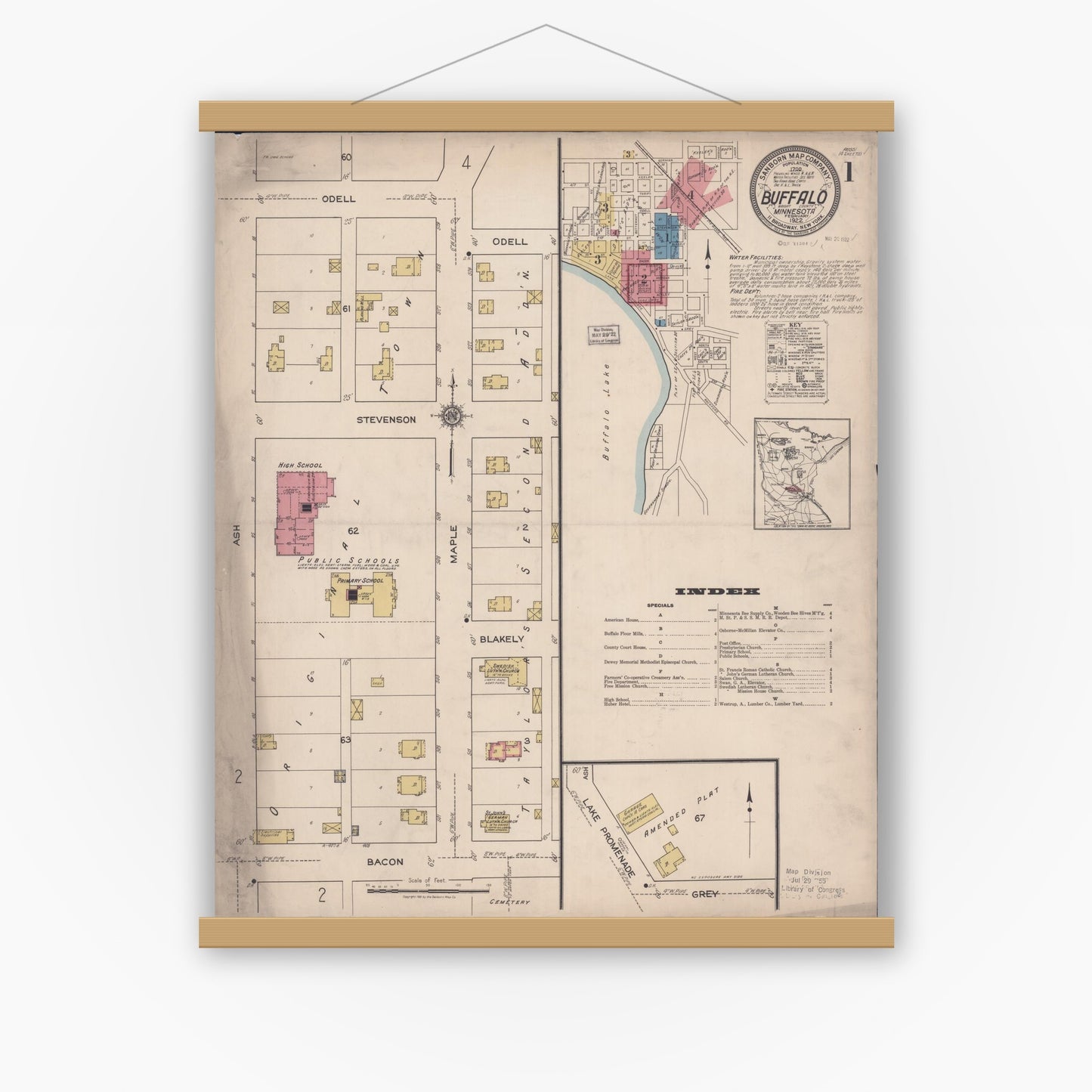 Old map wall art mockup — magnetic wood frame on white wall — Sanborn Fire Insurance Map from Buffalo, Wright County, Minnesota (1922) - Complete Map Set
