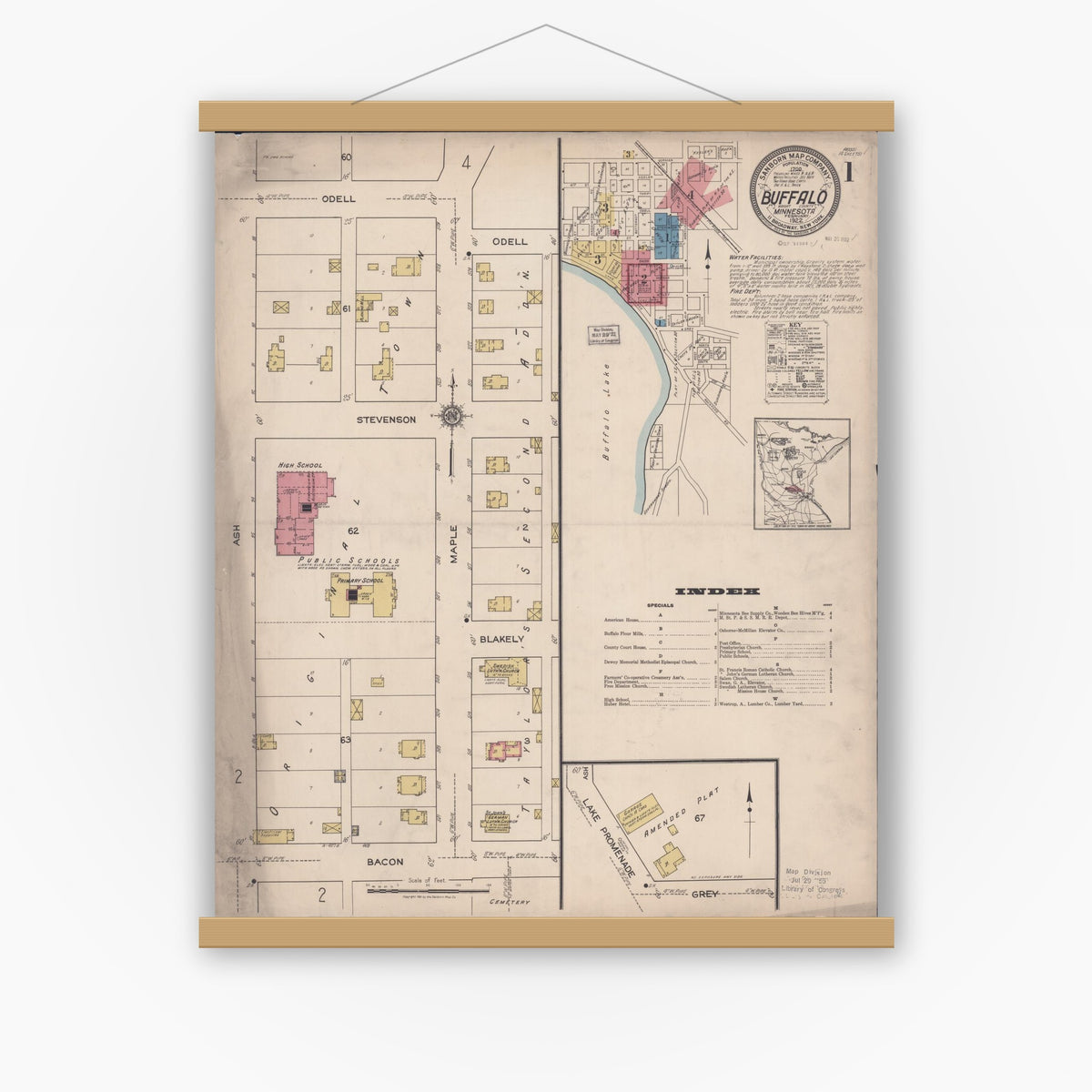 Old map wall art mockup — magnetic wood frame on white wall — Sanborn Fire Insurance Map from Buffalo, Wright County, Minnesota (1922) - Complete Map Set