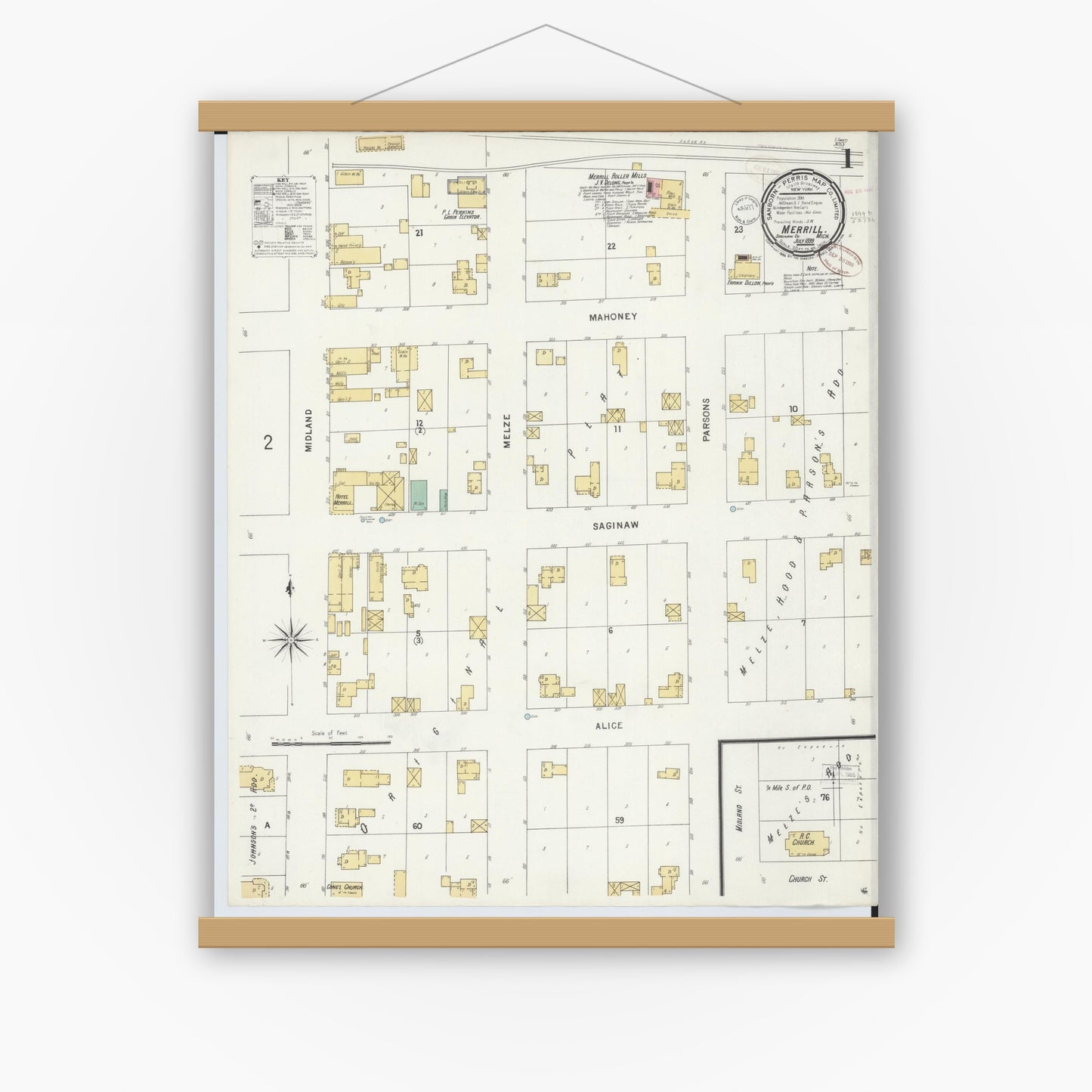 Old map wall art mockup — magnetic wood frame on white wall — Sanborn Fire Insurance Map from Merrill, Saginaw County, Michigan (1899) - Complete Map Set