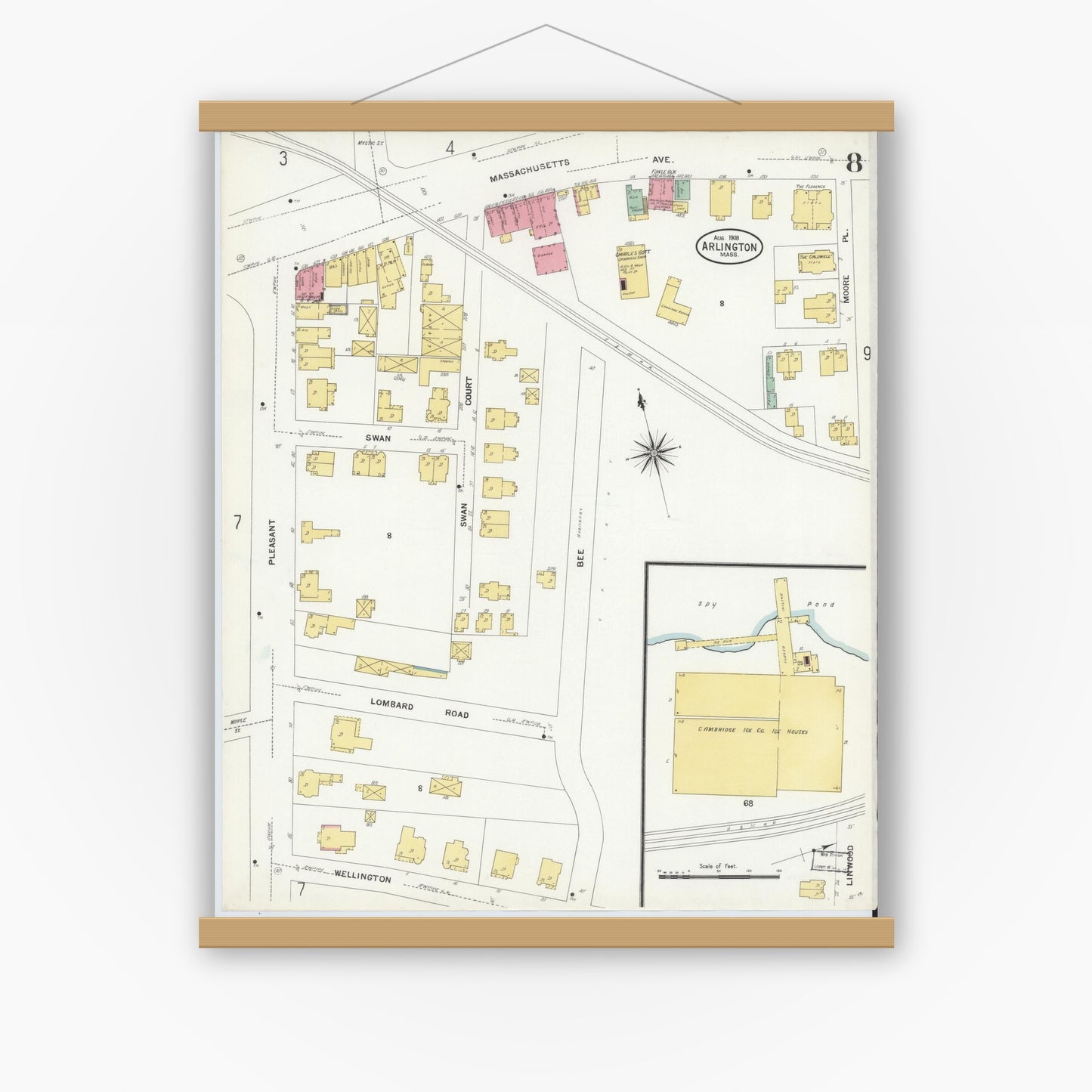 Old map wall art mockup — magnetic wood frame on white wall — Sanborn Fire Insurance Map from Arlington, Middlesex County, Massachusetts (1908), Sheet #0008