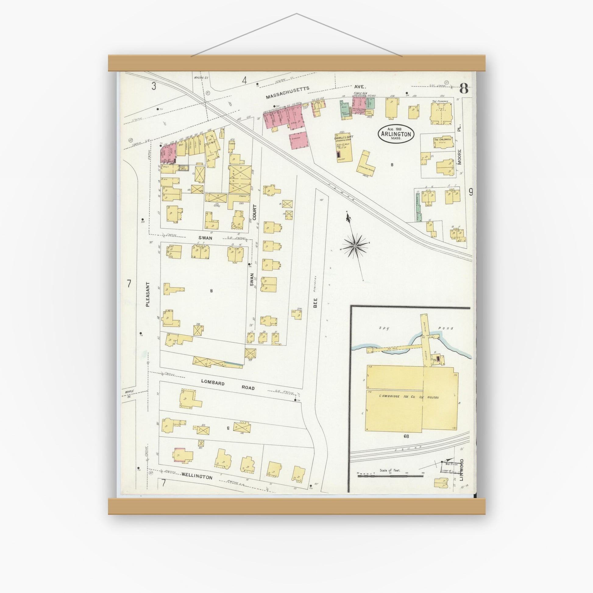 Old map wall art mockup — magnetic wood frame on white wall — Sanborn Fire Insurance Map from Arlington, Middlesex County, Massachusetts (1908), Sheet #0008