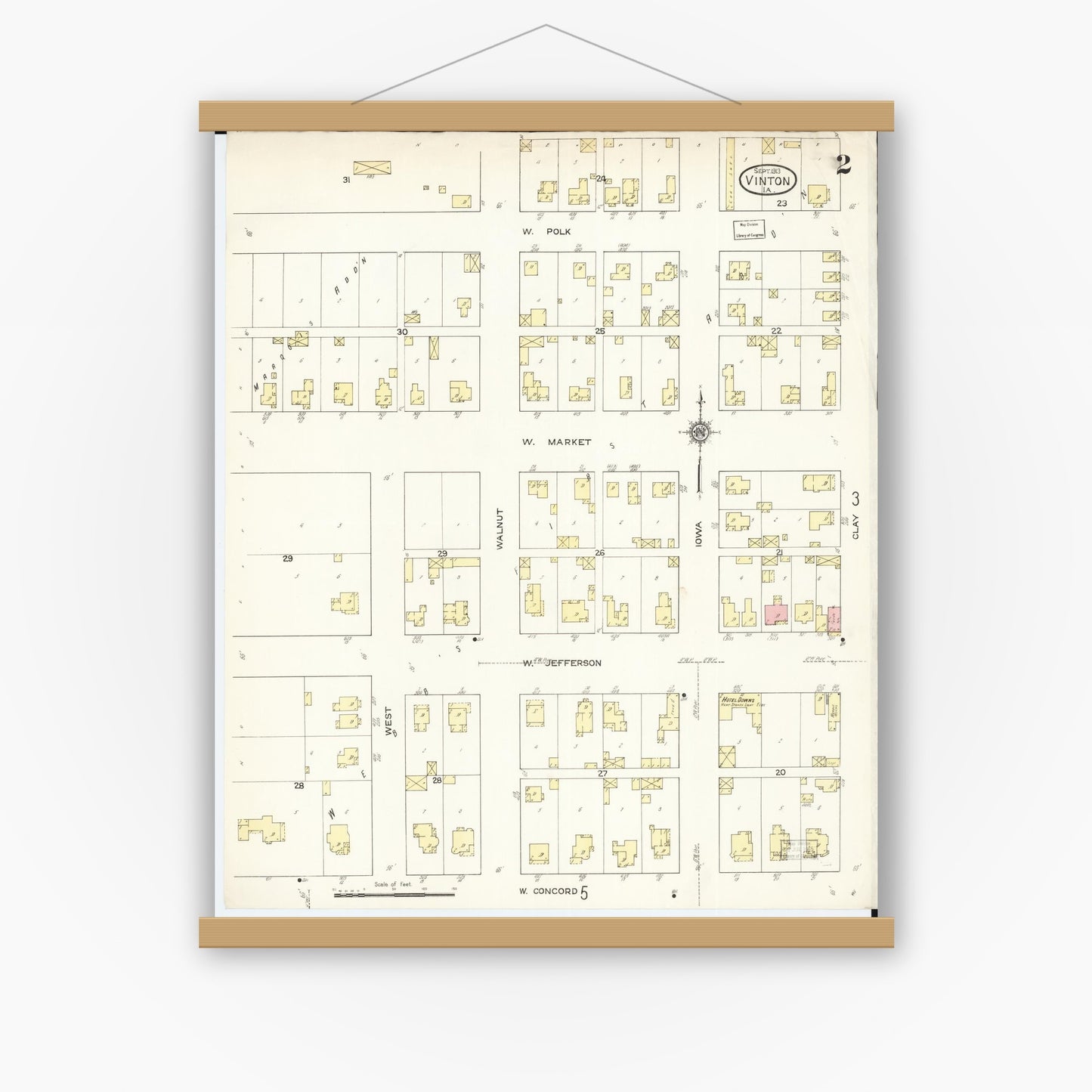 Old map wall art mockup — magnetic wood frame on white wall — Sanborn Fire Insurance Map from Vinton, Benton County, Iowa (1913), Sheet #0002
