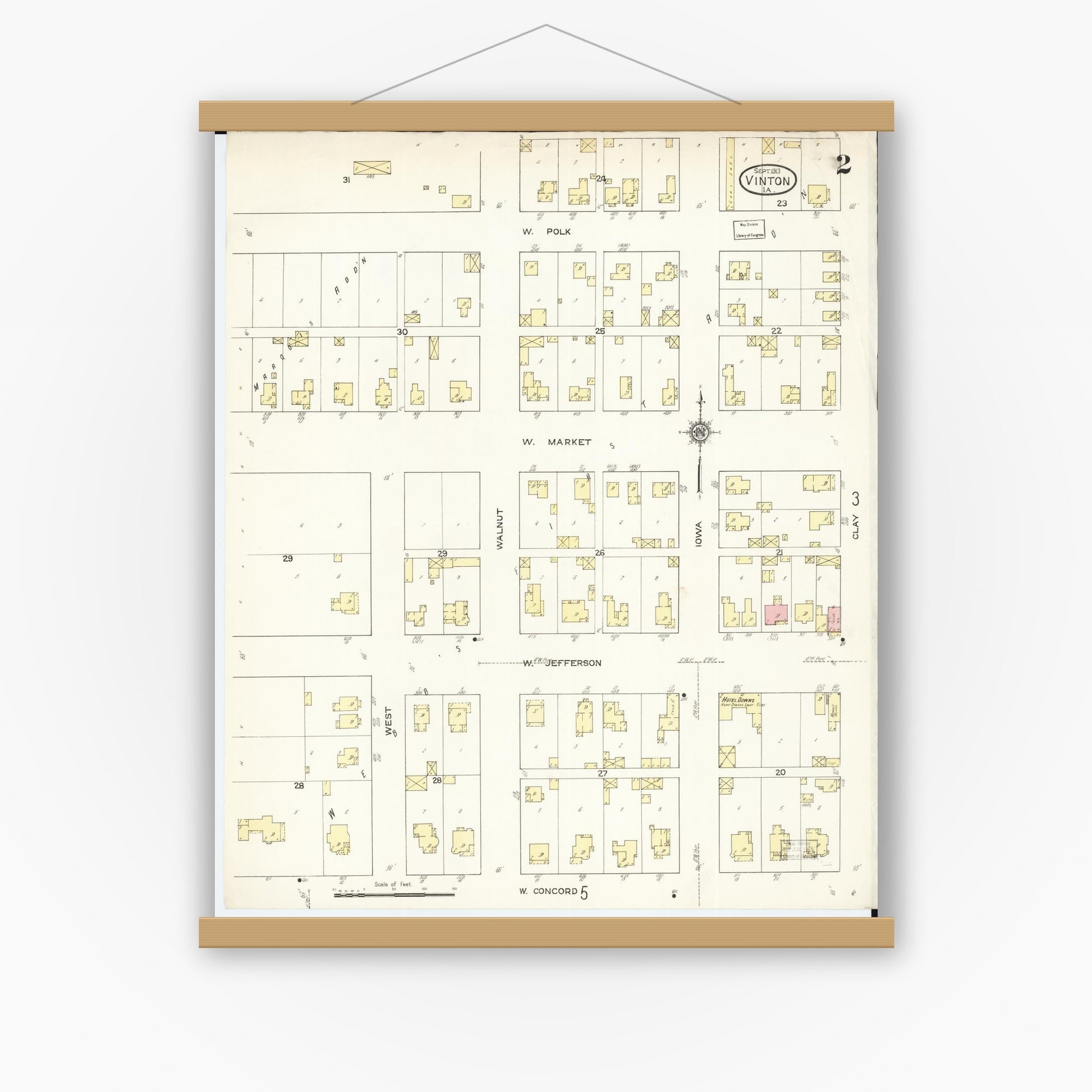 Old map wall art mockup — magnetic wood frame on white wall — Sanborn Fire Insurance Map from Vinton, Benton County, Iowa (1913), Sheet #0002