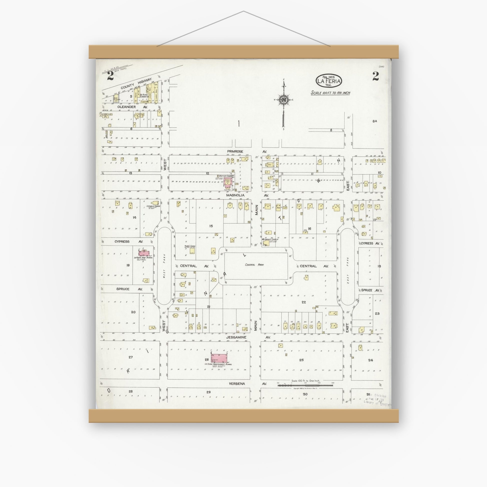 Old map wall art mockup — magnetic wood frame on white wall — Sanborn Fire Insurance Map from La Feria, Cameron County, Texas (1925), Sheet #0002