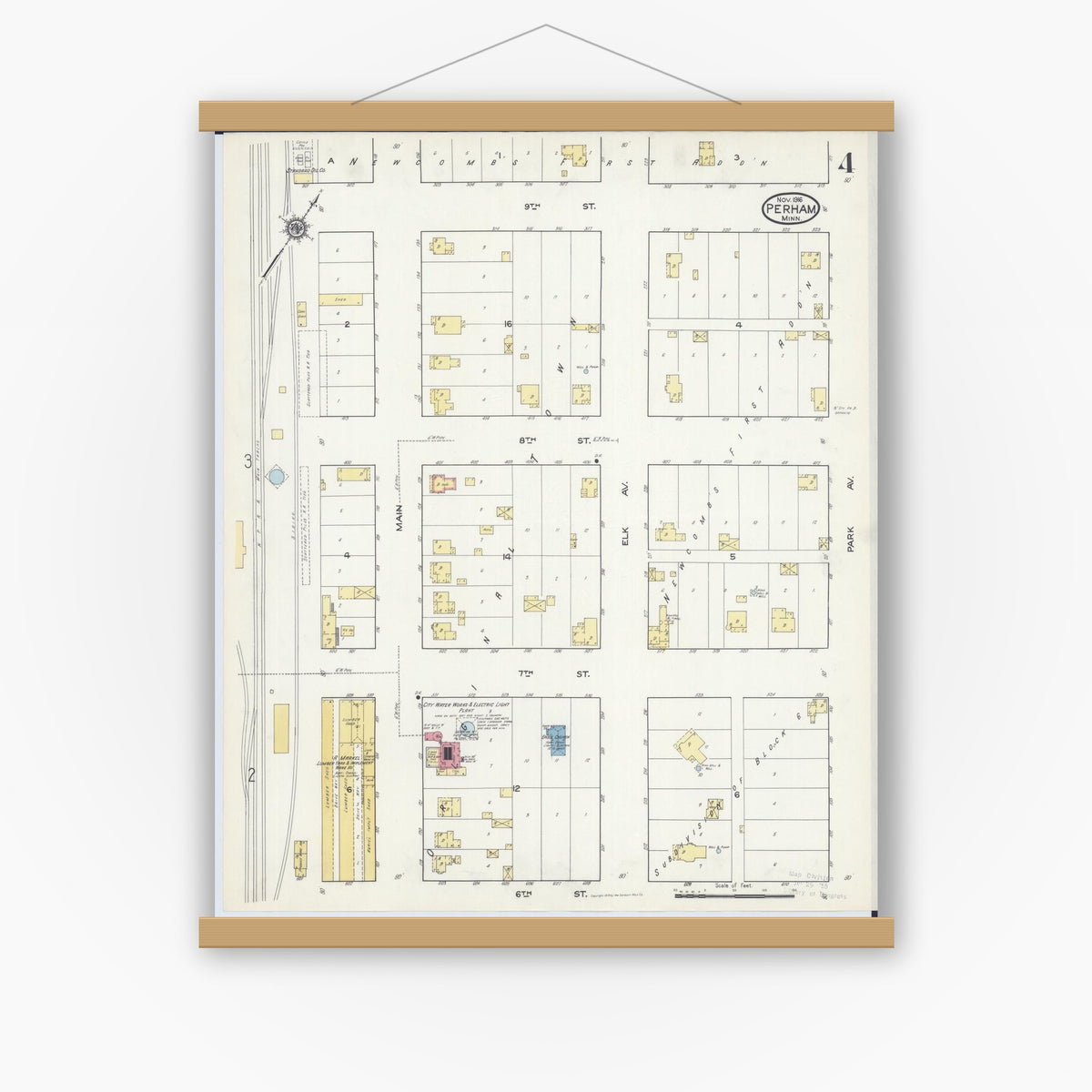 Old map wall art mockup — magnetic wood frame on white wall — Sanborn Fire Insurance Map from Perham, Otter Tail County, Minnesota (1916), Sheet #0004