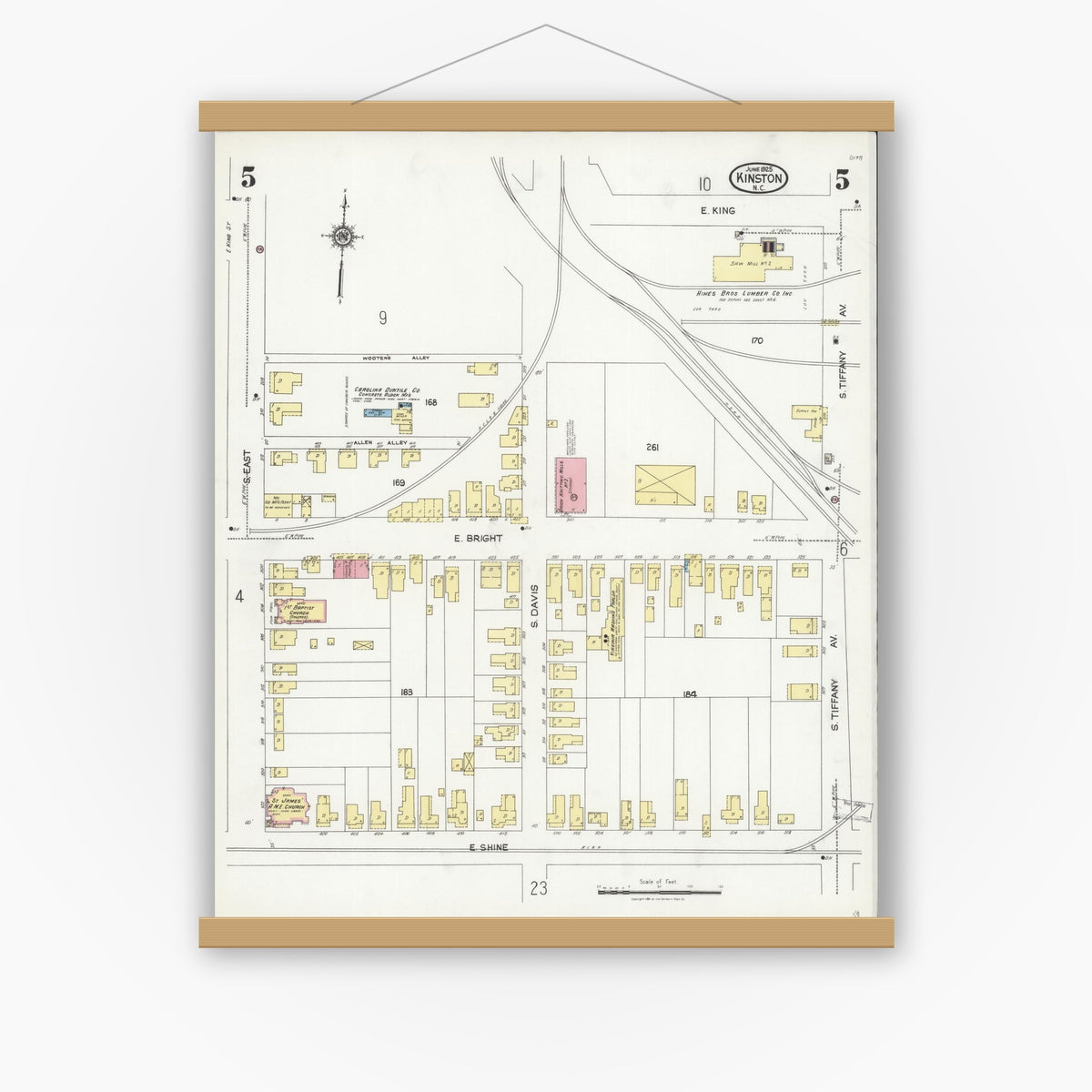 Old map wall art mockup — magnetic wood frame on white wall — Sanborn Fire Insurance Map from Kinston, Lenoir County, North Carolina (1925), Sheet #0005