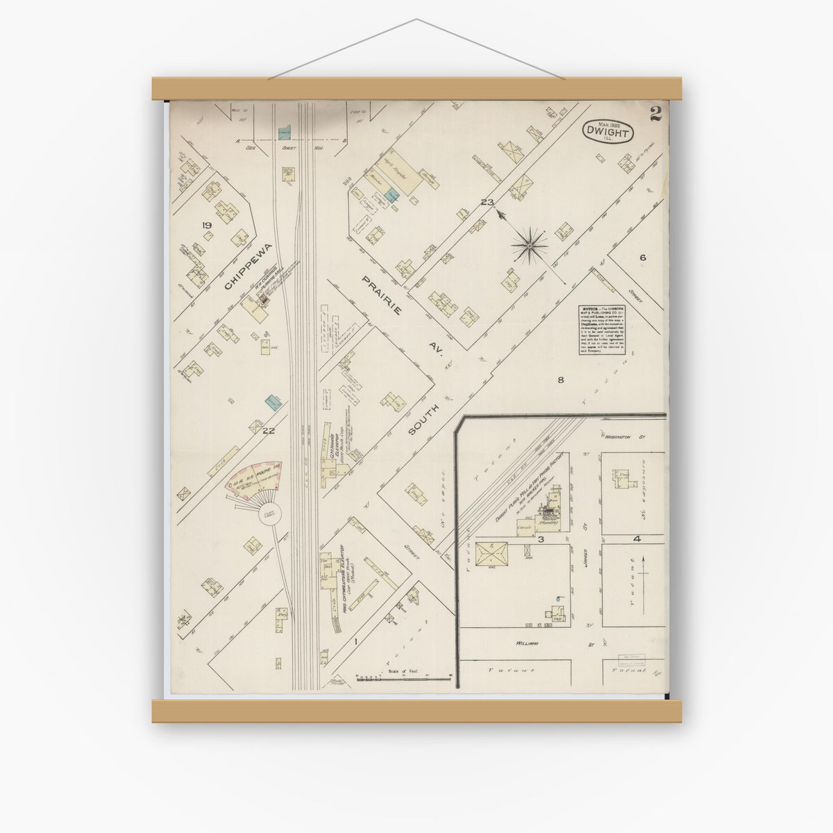 Old map wall art mockup — magnetic wood frame on white wall — Sanborn Fire Insurance Map from Dwight, Livingston County, Illinois (1885), Sheet #0002