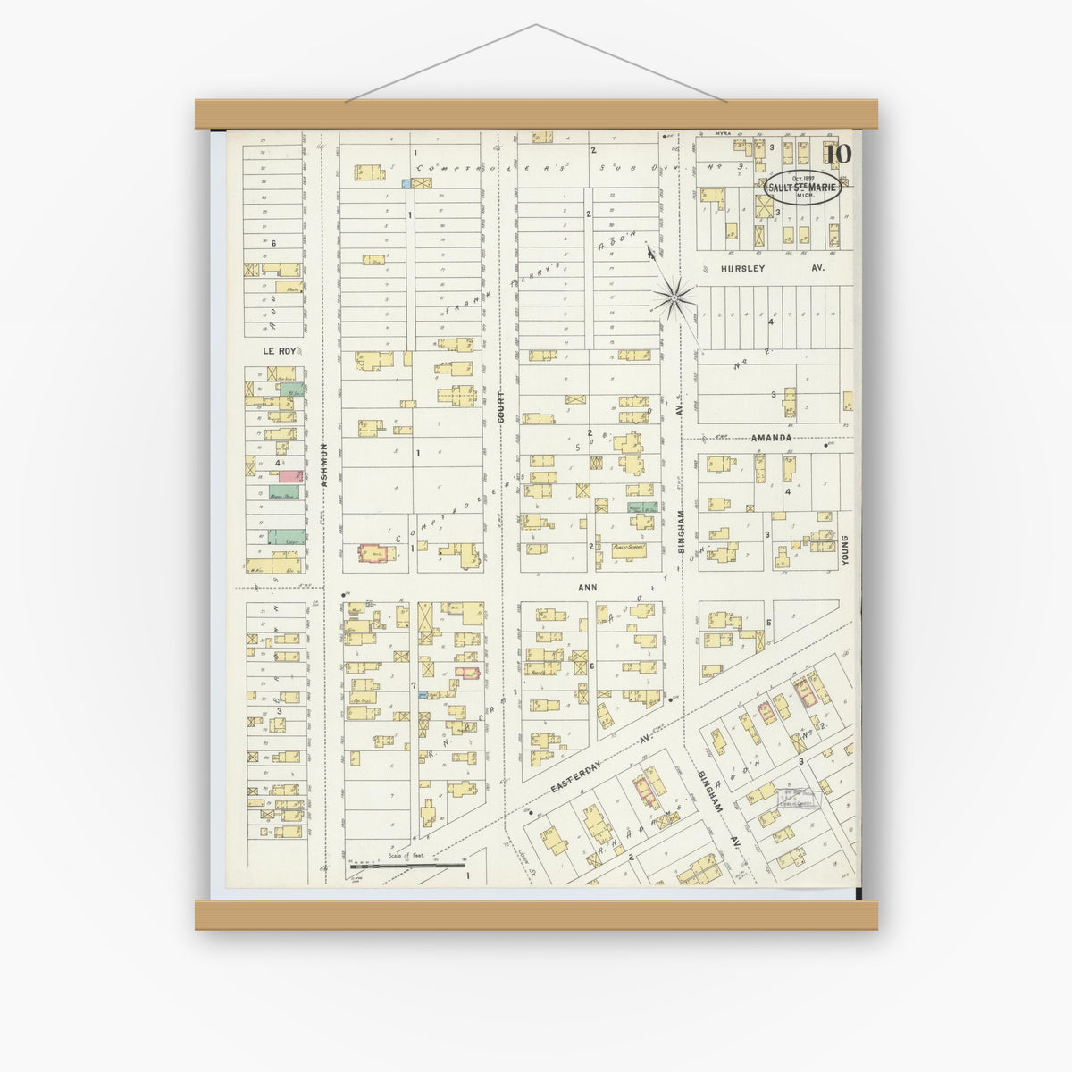 Old map wall art mockup — magnetic wood frame on white wall — Sanborn Fire Insurance Map from Sault Sainte Marie, Chippewa County, Michigan (1897), Sheet #0010