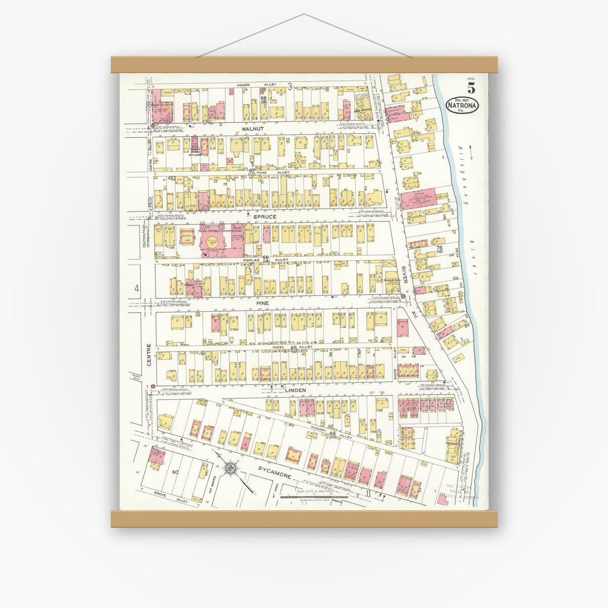Old map wall art mockup — magnetic wood frame on white wall — Sanborn Fire Insurance Map from Natrona, Allegheny County, Pennsylvania (1921), Sheet #0005