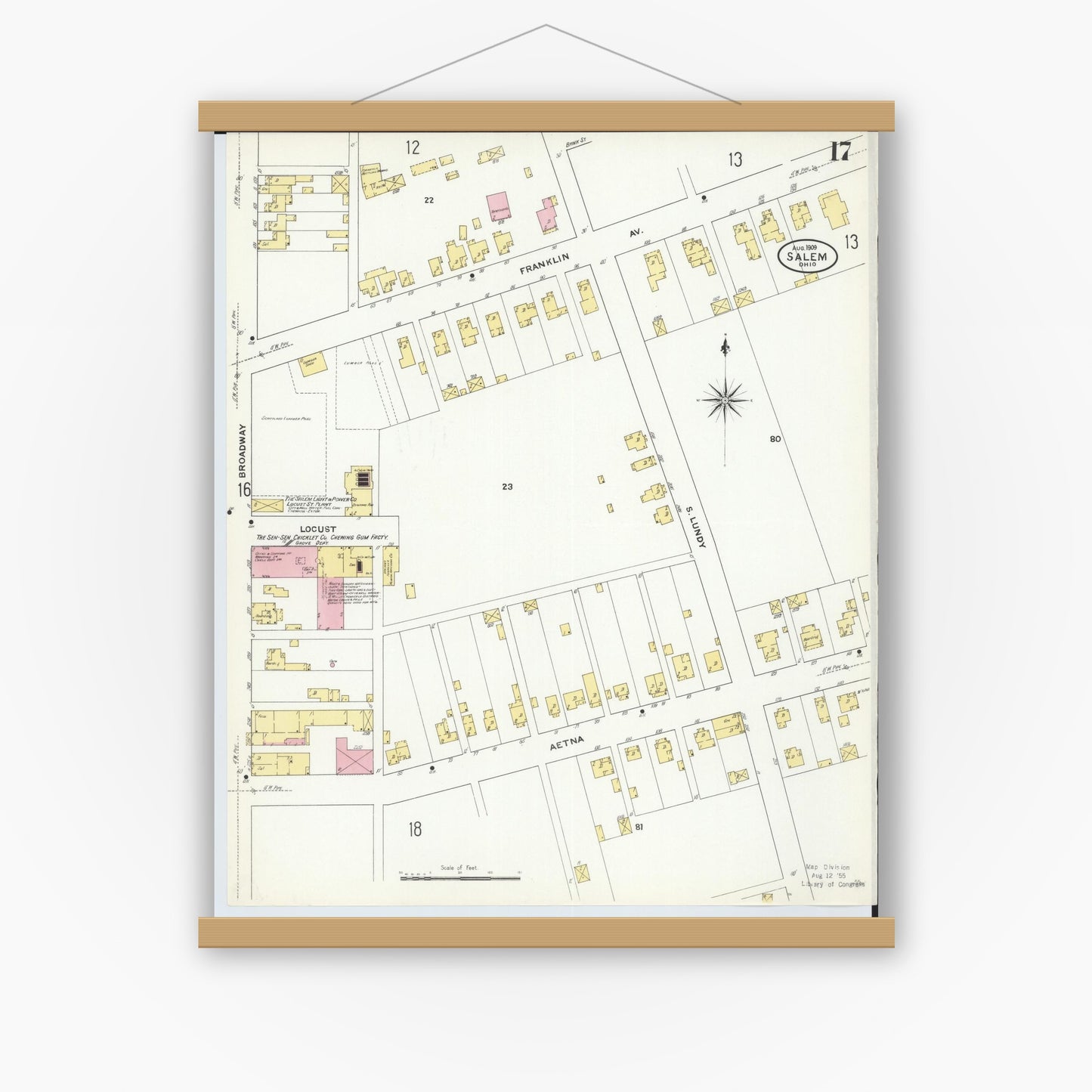 Old map wall art mockup — magnetic wood frame on white wall — Sanborn Fire Insurance Map from Salem, Columbiana County, Ohio (1909), Sheet #0017