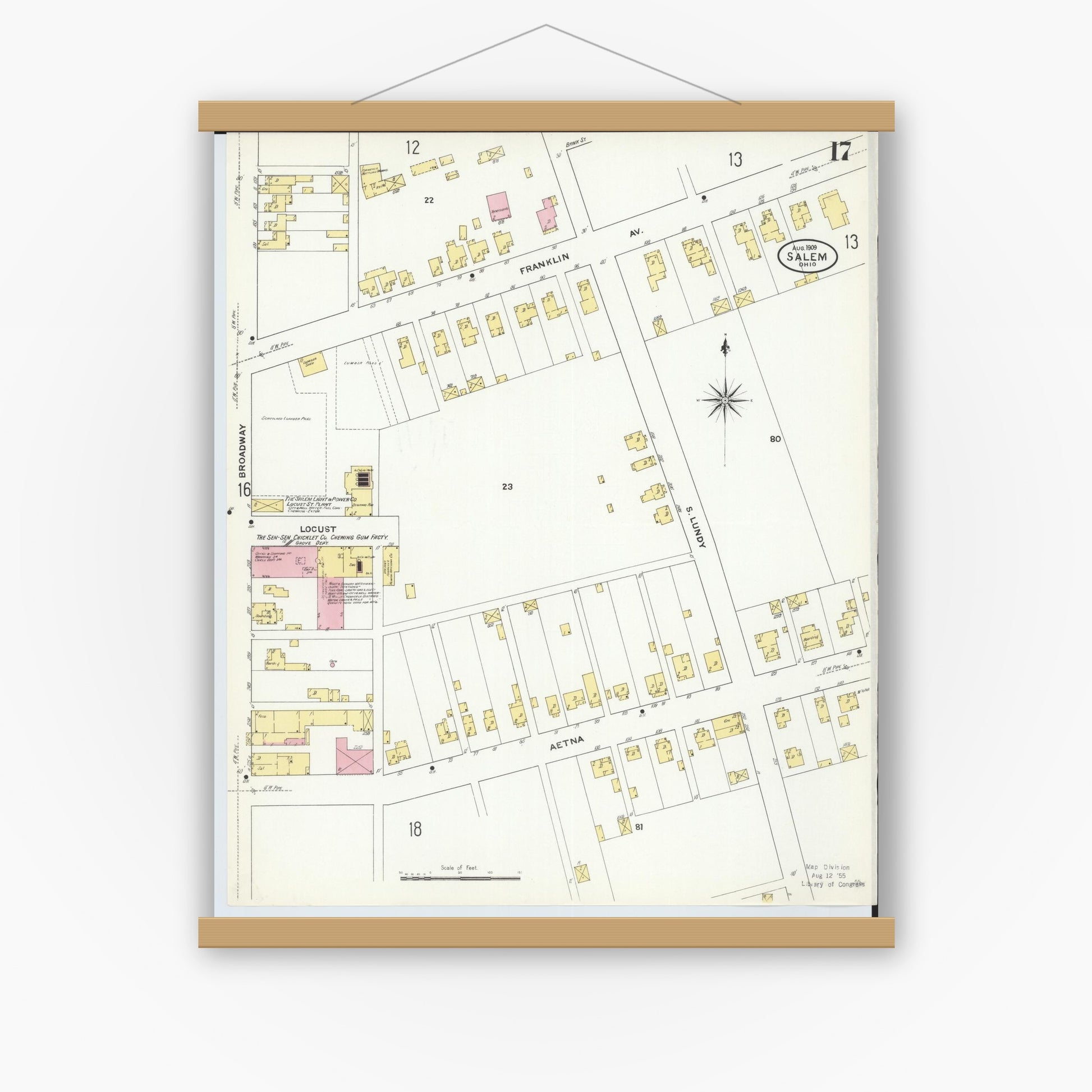 Old map wall art mockup — magnetic wood frame on white wall — Sanborn Fire Insurance Map from Salem, Columbiana County, Ohio (1909), Sheet #0017