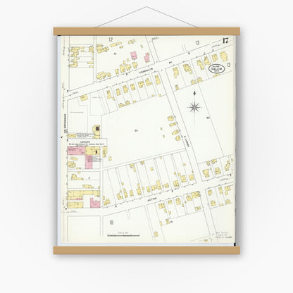 Old map wall art mockup — magnetic wood frame on white wall — Sanborn Fire Insurance Map from Salem, Columbiana County, Ohio (1909), Sheet #0017