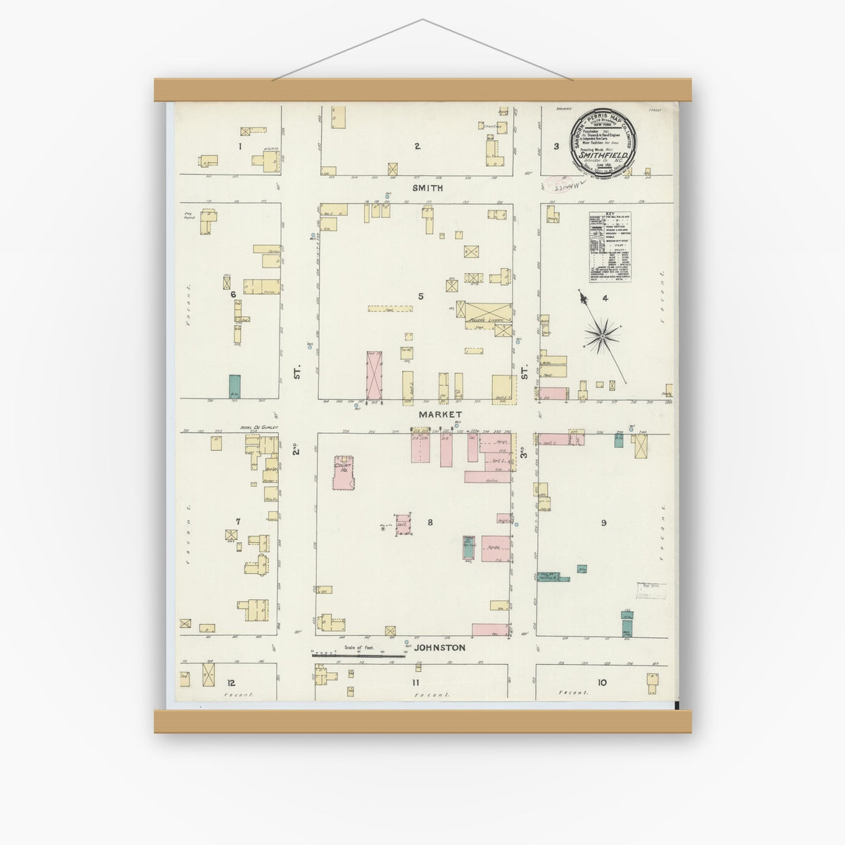 Old map wall art mockup — magnetic wood frame on white wall — Sanborn Fire Insurance Map from Smithfield, Johnston County, North Carolina (1891), Sheet #0001