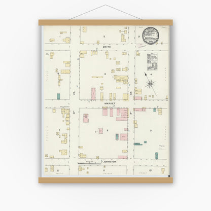Old map wall art mockup — magnetic wood frame on white wall — Sanborn Fire Insurance Map from Smithfield, Johnston County, North Carolina (1891), Sheet #0001