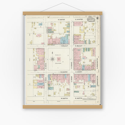 Old map wall art mockup — magnetic wood frame on white wall — Sanborn Fire Insurance Map from Nevada, Vernon County, Missouri (1890), Sheet #0002