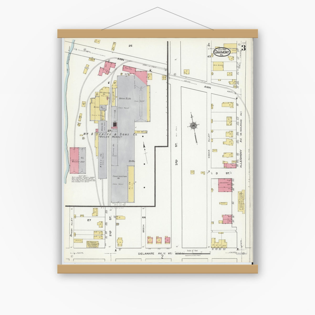 Old map wall art mockup — magnetic wood frame on white wall — Sanborn Fire Insurance Map from Oakmont, Allegheny County, Pennsylvania (1921), Sheet #0003